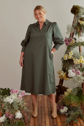 Blaine Collared Poplin Dress in Bottle Green