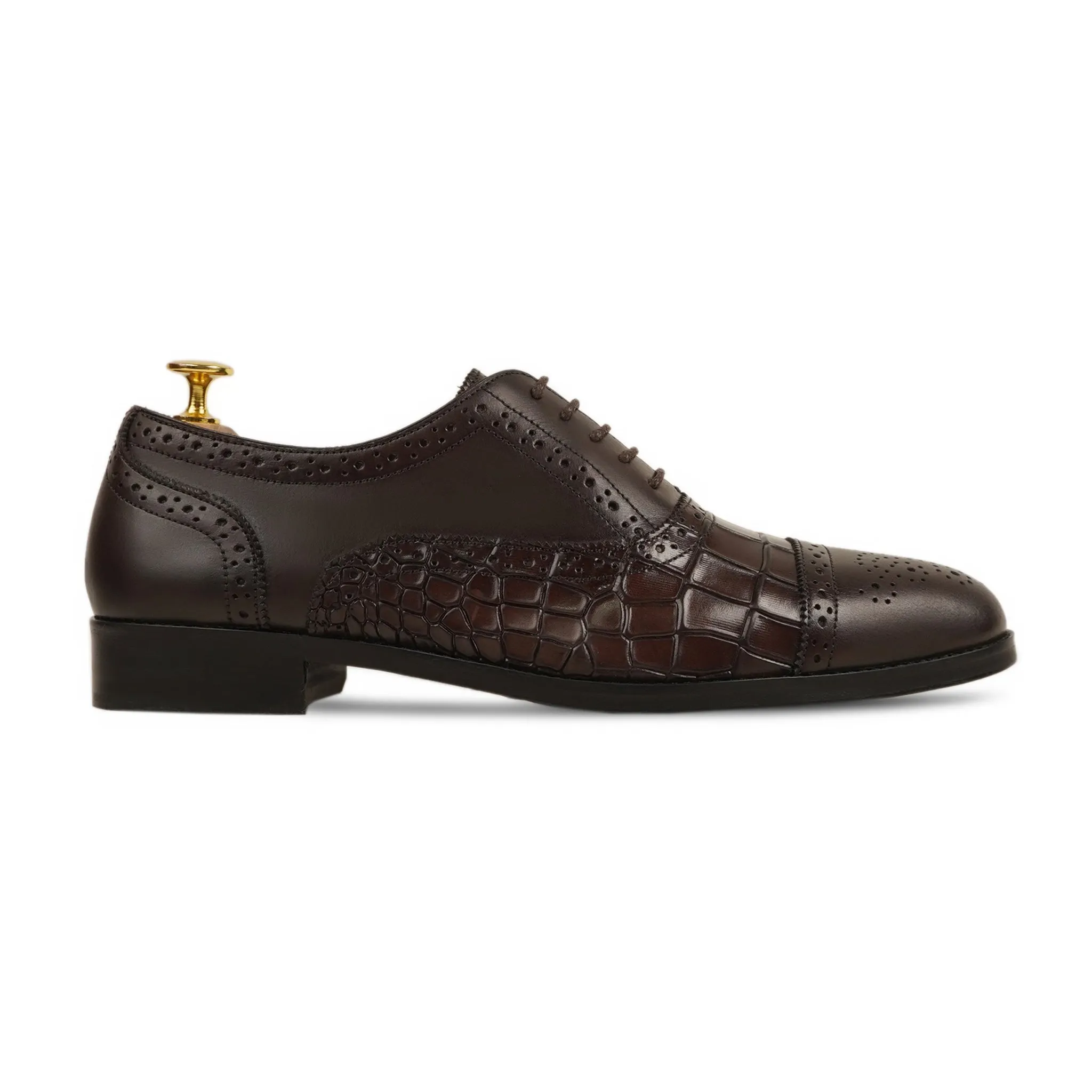 Diest - Men's Dark Brown Calf and Printed Crocodile Calf Leather Oxford Shoe