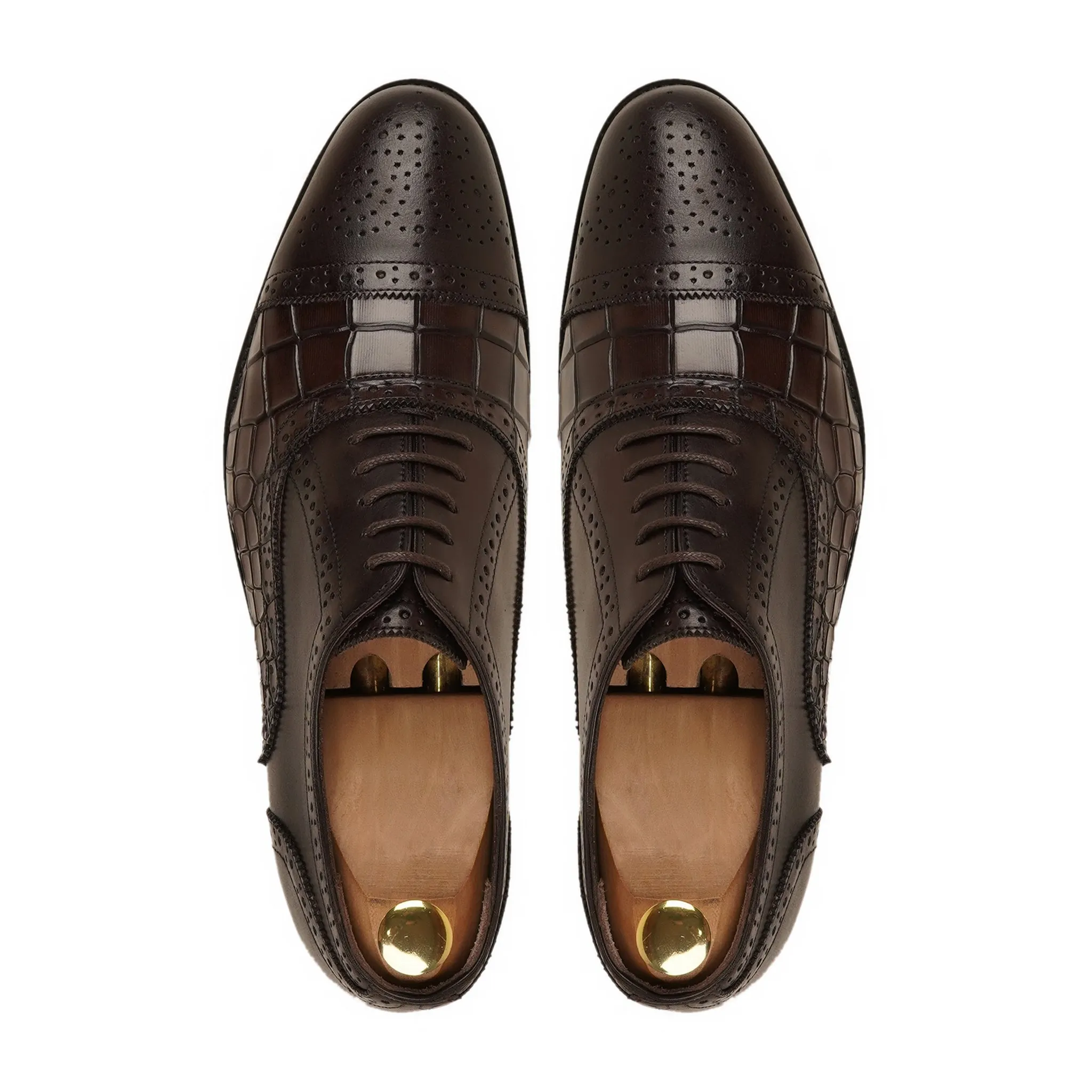 Diest - Men's Dark Brown Calf and Printed Crocodile Calf Leather Oxford Shoe