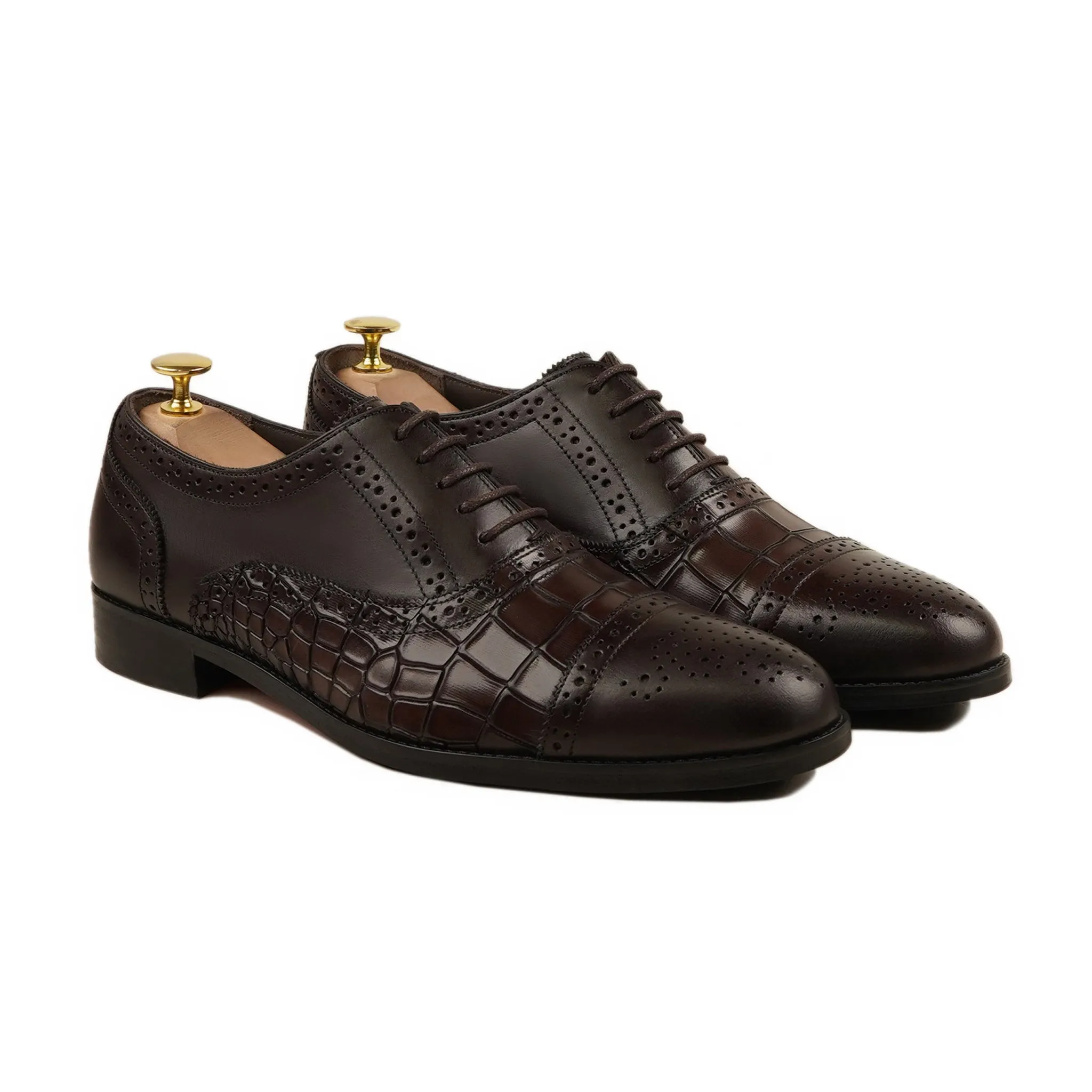 Diest - Men's Dark Brown Calf and Printed Crocodile Calf Leather Oxford Shoe