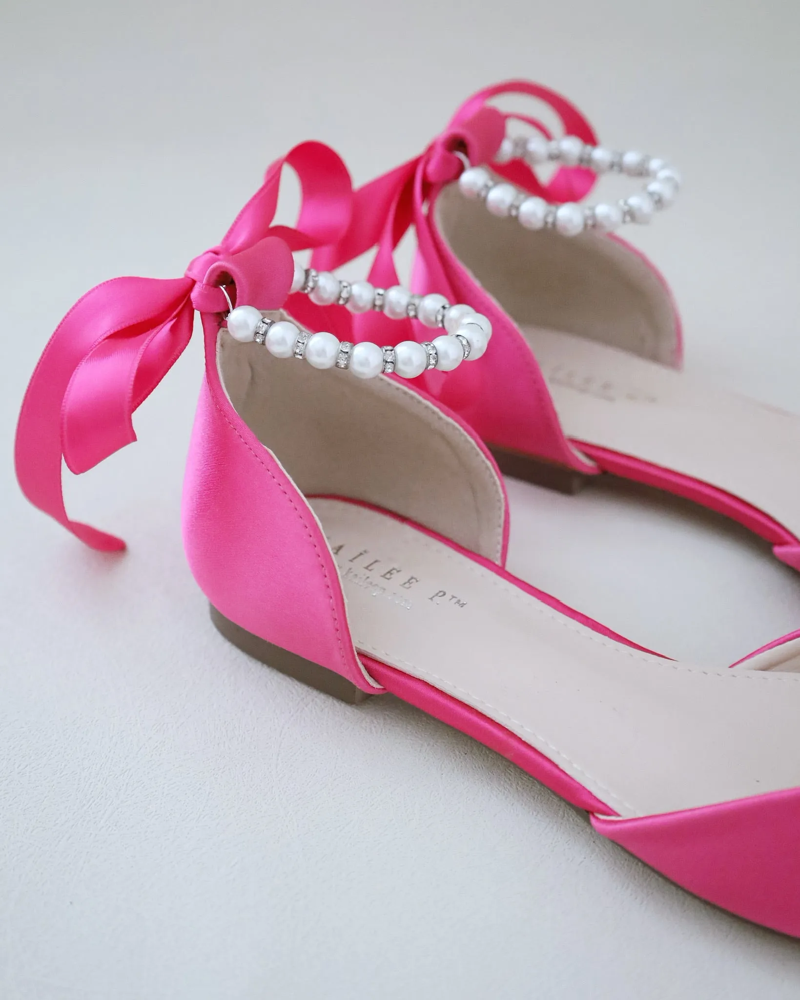 Fuchsia Satin Pointy Toe Flats with Satin Ankle Tie or Ballerina Lace Up