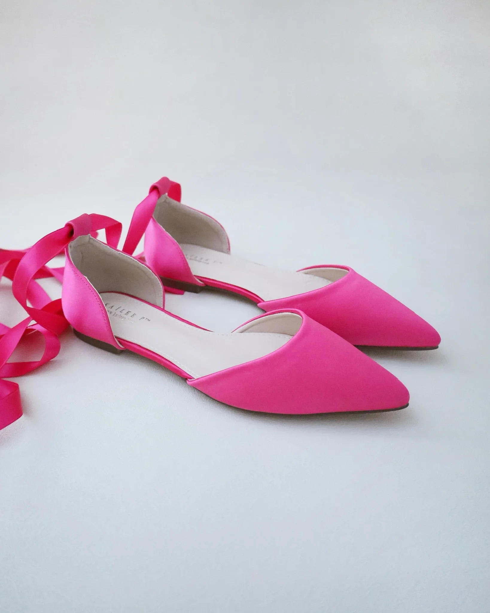 Fuchsia Satin Pointy Toe Flats with Satin Ankle Tie or Ballerina Lace Up