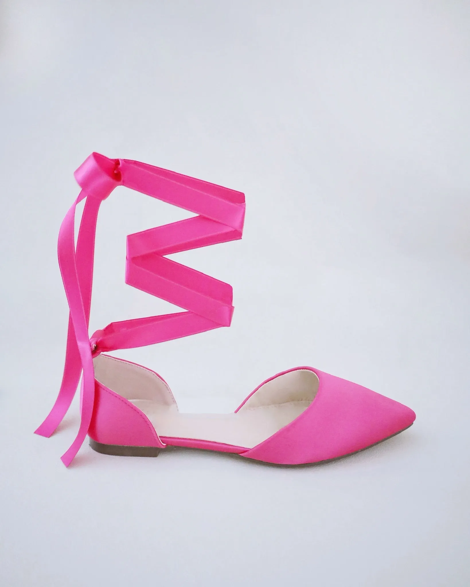 Fuchsia Satin Pointy Toe Flats with Satin Ankle Tie or Ballerina Lace Up