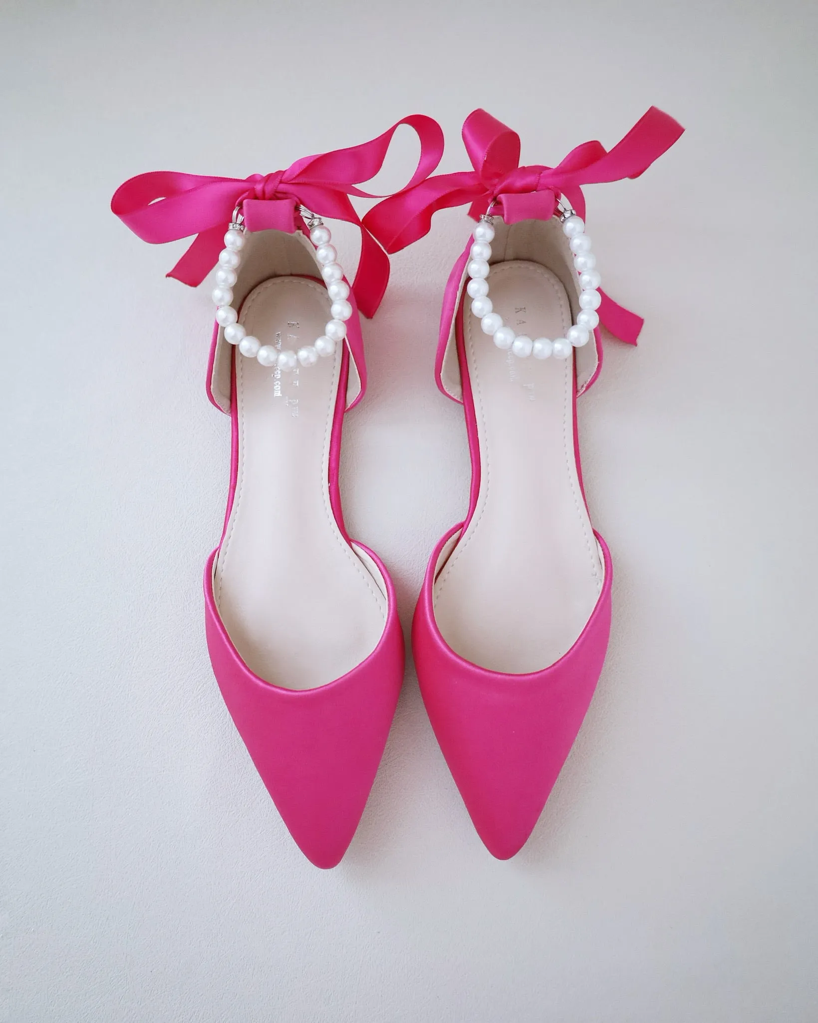 Fuchsia Satin Pointy Toe Flats with Satin Ankle Tie or Ballerina Lace Up