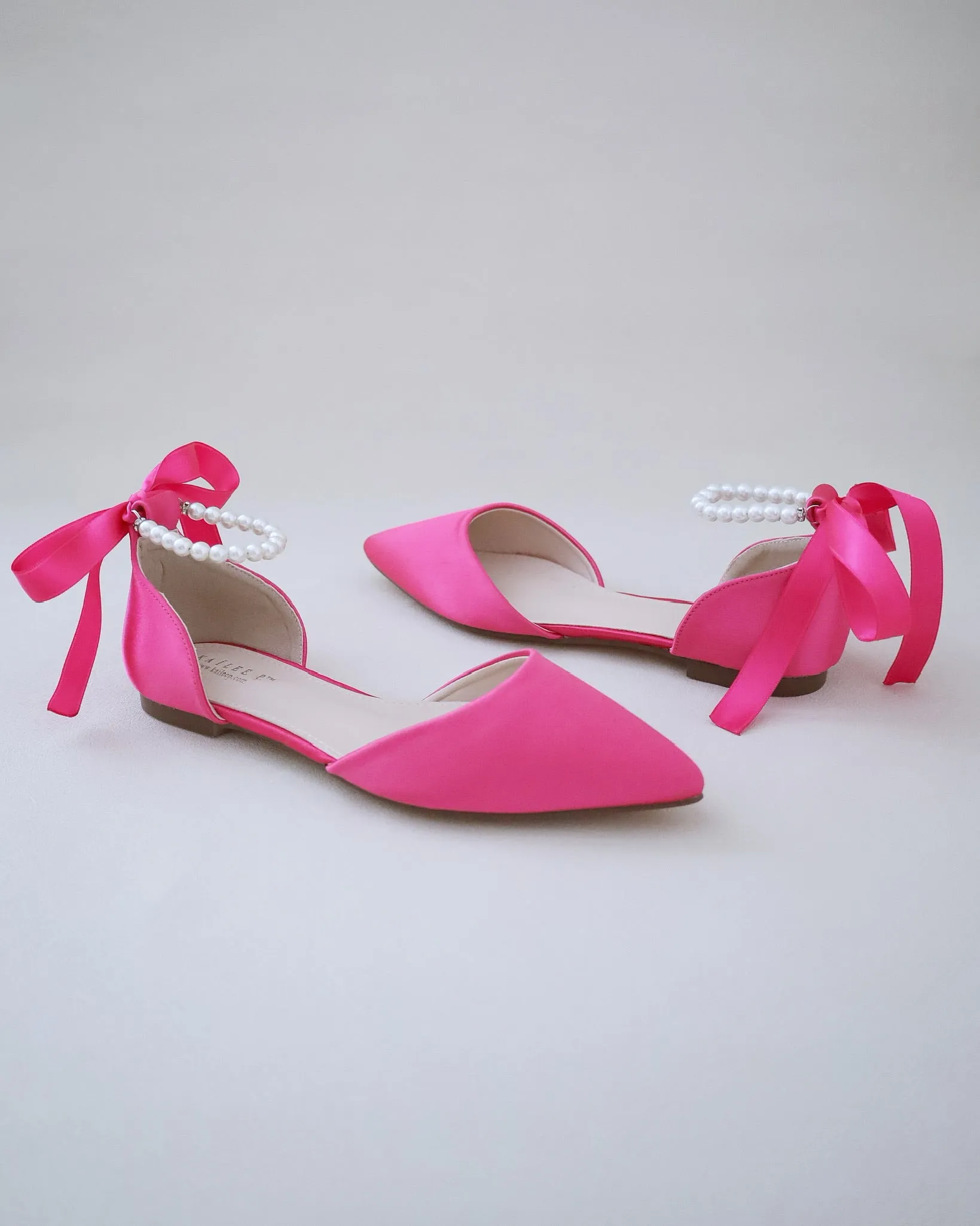 Fuchsia Satin Pointy Toe Flats with Satin Ankle Tie or Ballerina Lace Up