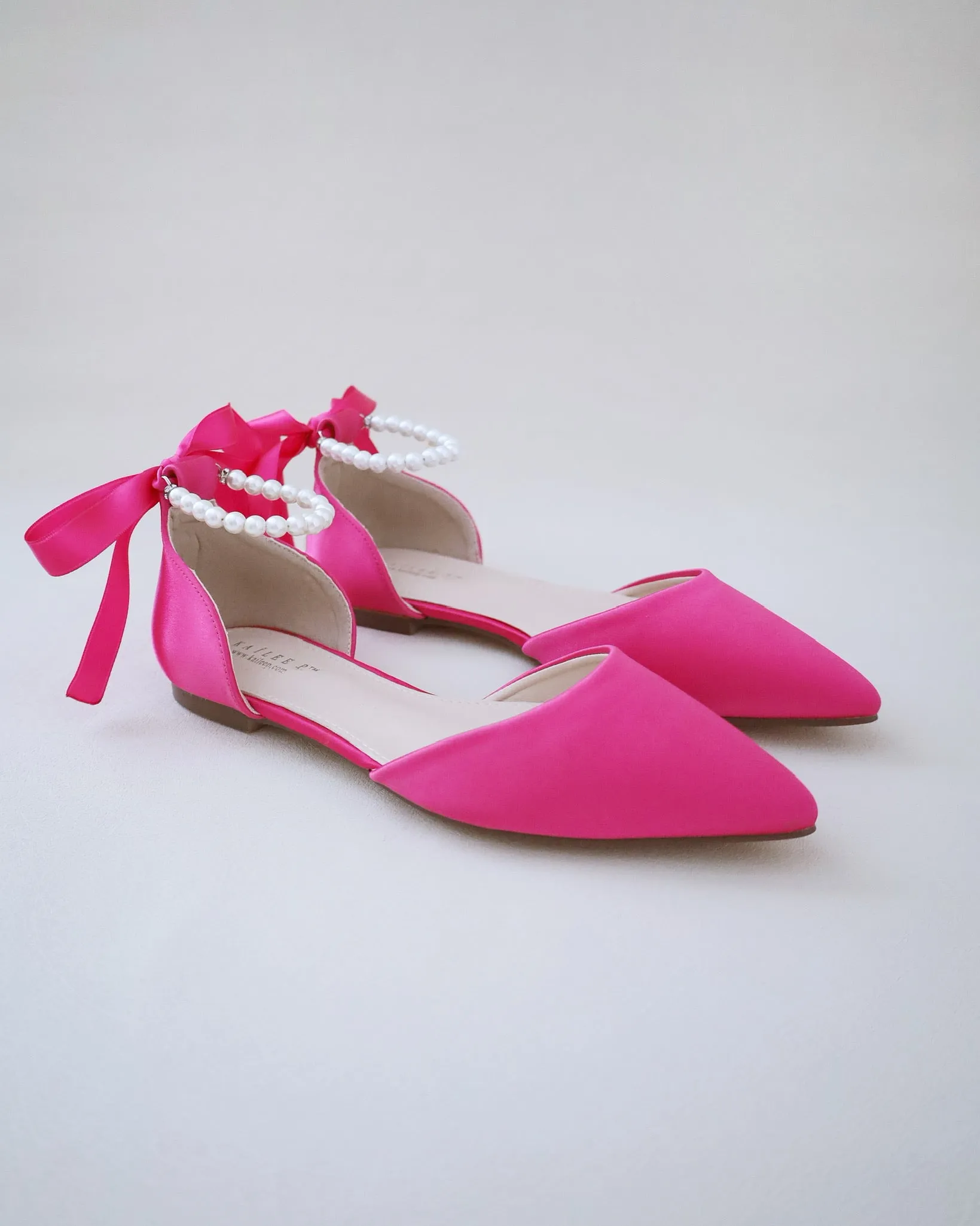 Fuchsia Satin Pointy Toe Flats with Satin Ankle Tie or Ballerina Lace Up