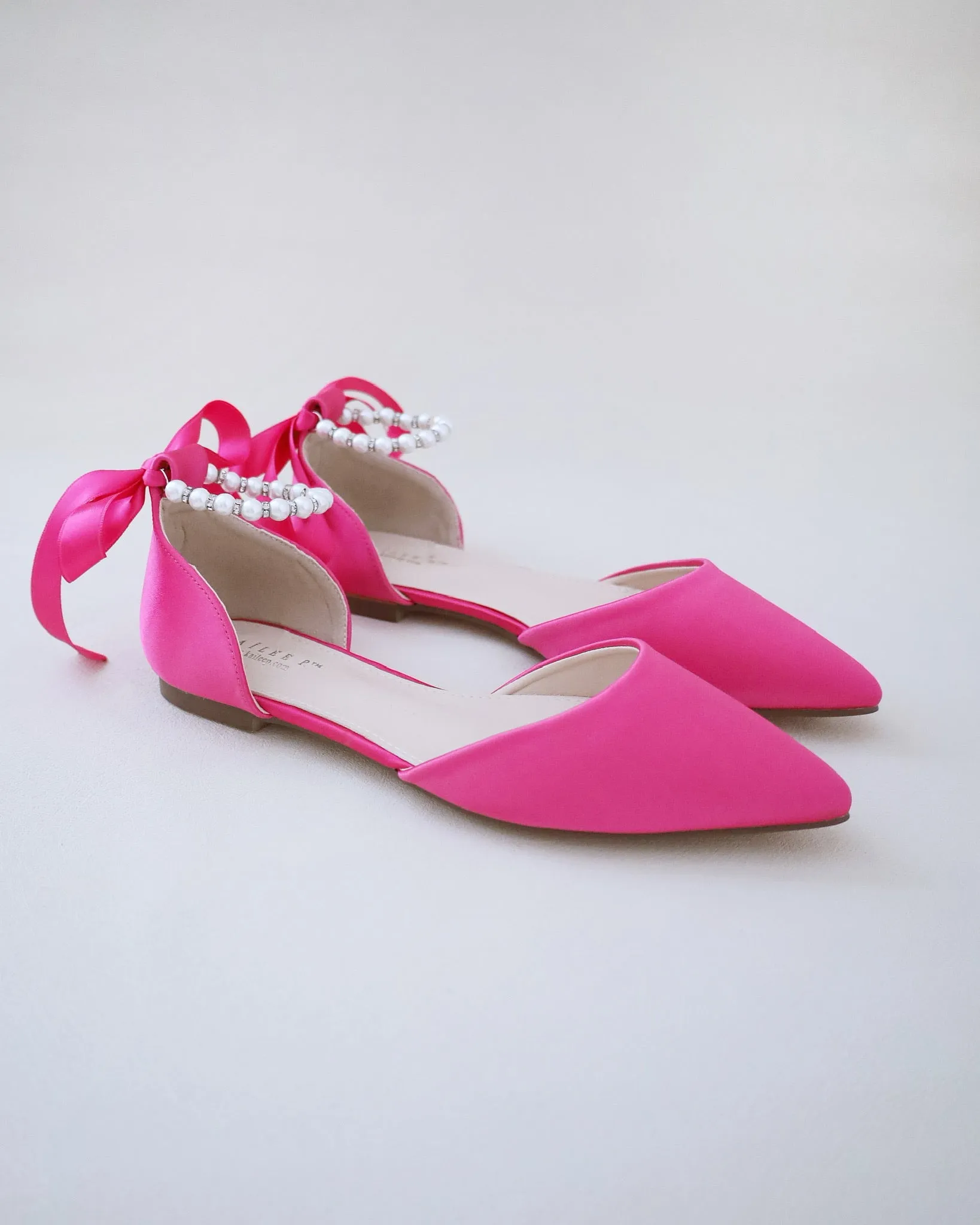 Fuchsia Satin Pointy Toe Flats with Satin Ankle Tie or Ballerina Lace Up