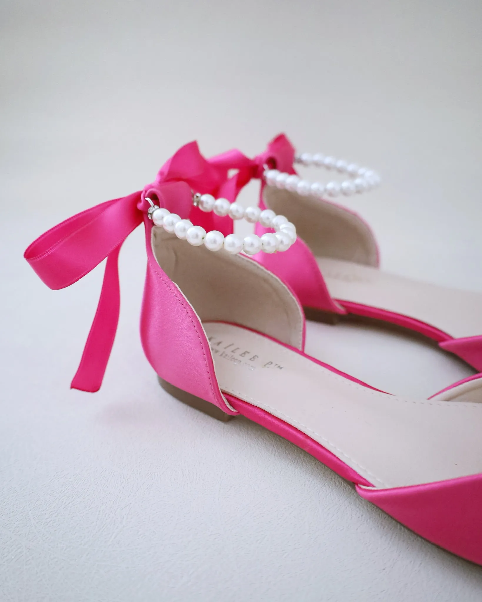 Fuchsia Satin Pointy Toe Flats with Satin Ankle Tie or Ballerina Lace Up