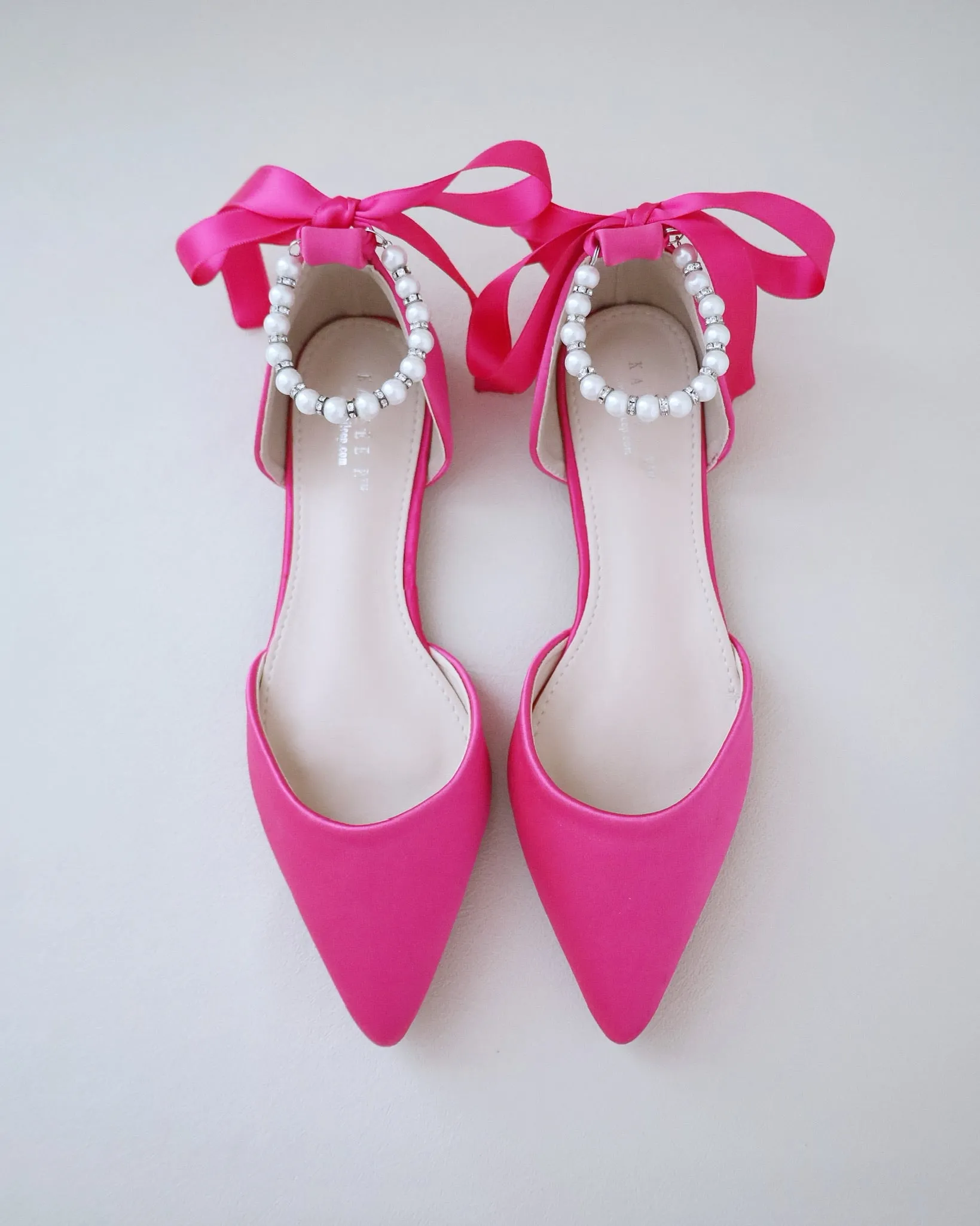 Fuchsia Satin Pointy Toe Flats with Satin Ankle Tie or Ballerina Lace Up