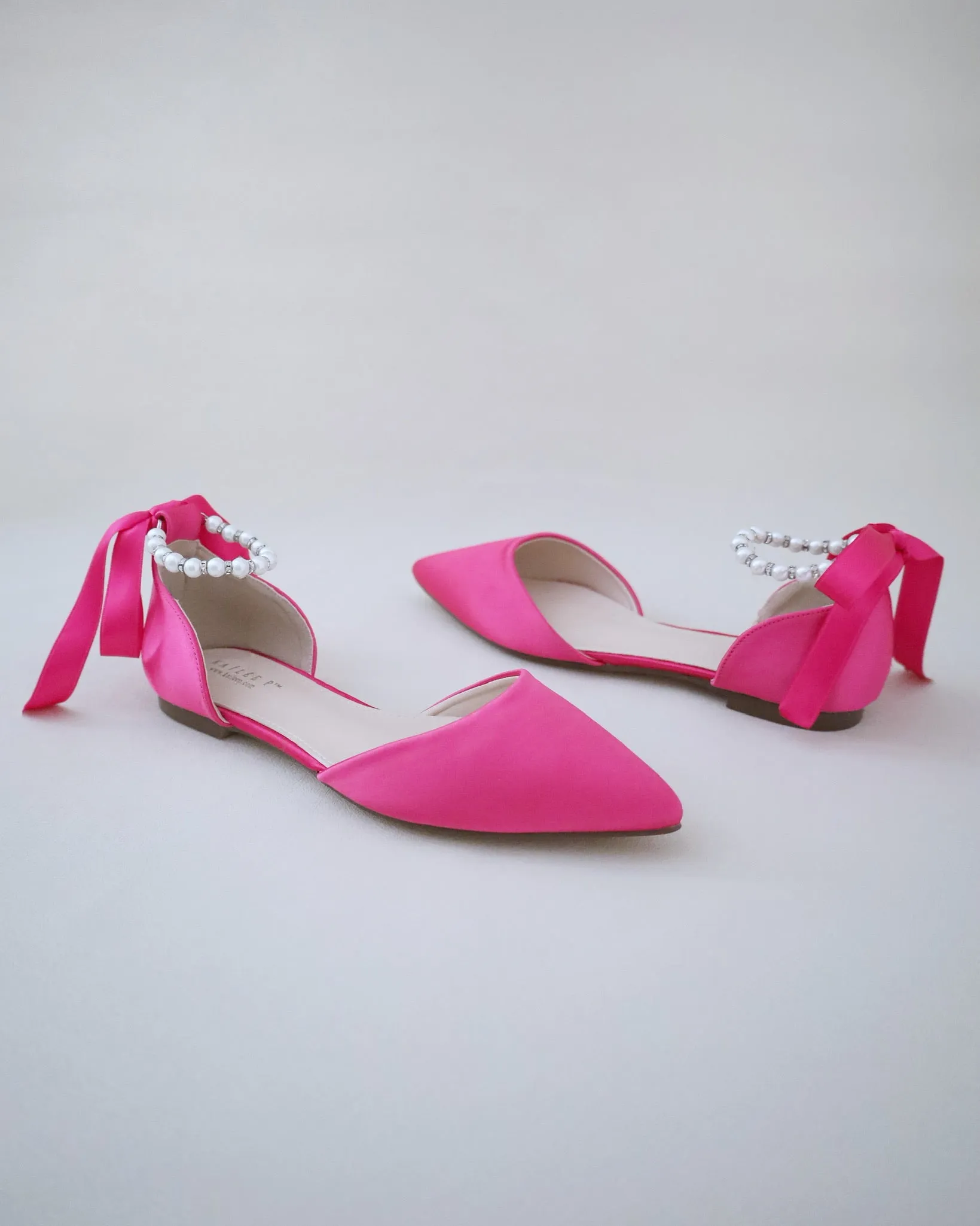 Fuchsia Satin Pointy Toe Flats with Satin Ankle Tie or Ballerina Lace Up