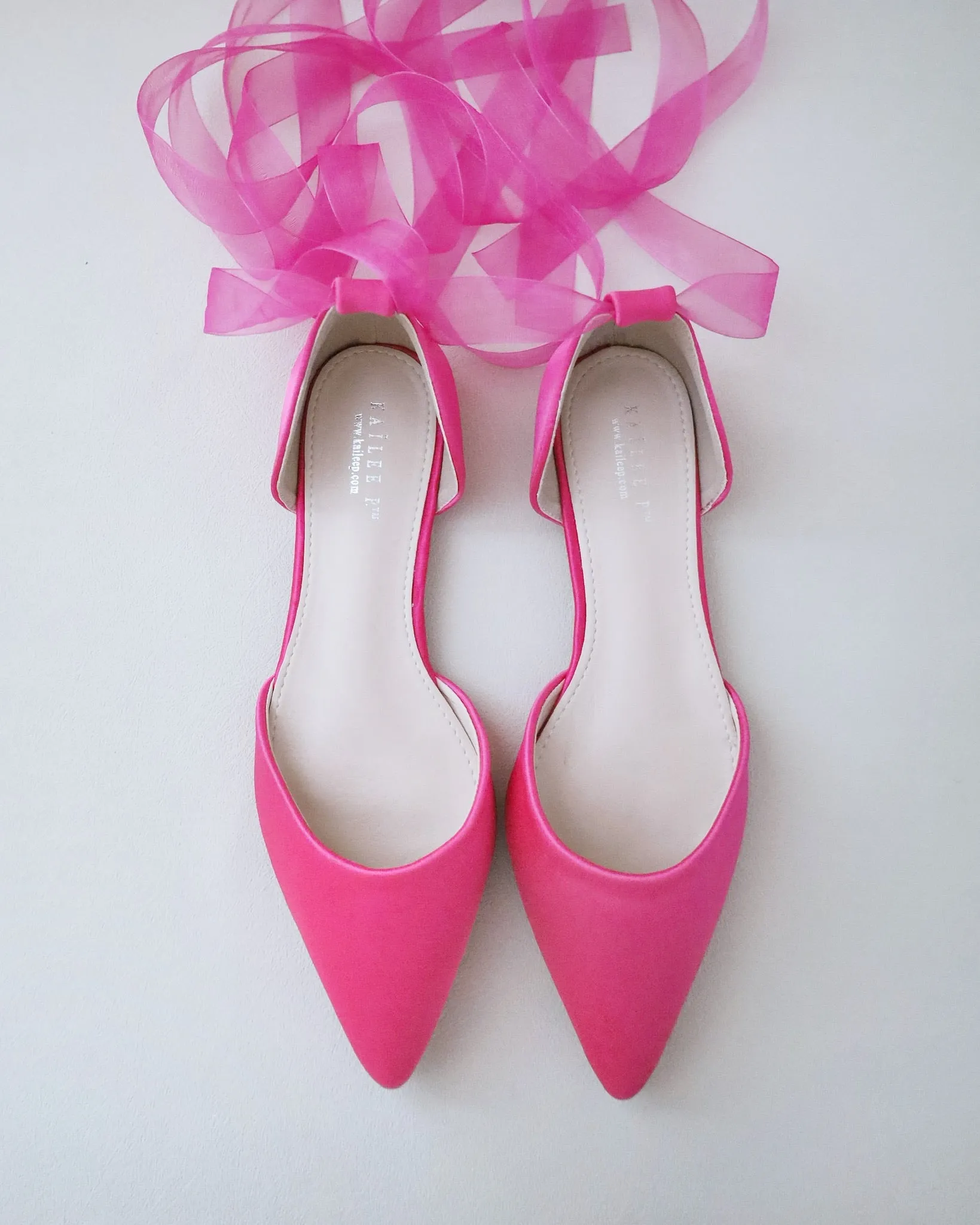 Fuchsia Satin Pointy Toe Flats with Satin Ankle Tie or Ballerina Lace Up