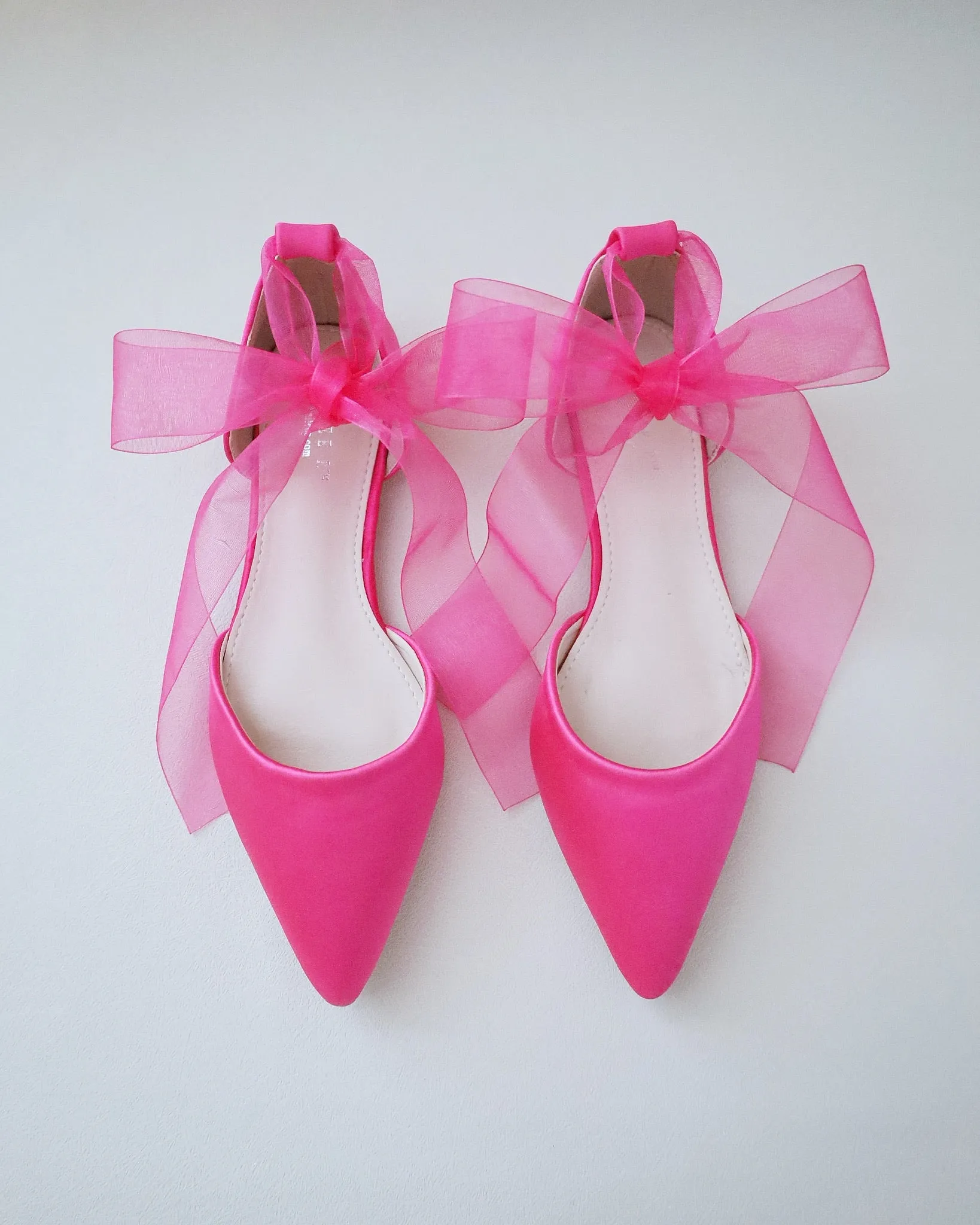 Fuchsia Satin Pointy Toe Flats with Satin Ankle Tie or Ballerina Lace Up