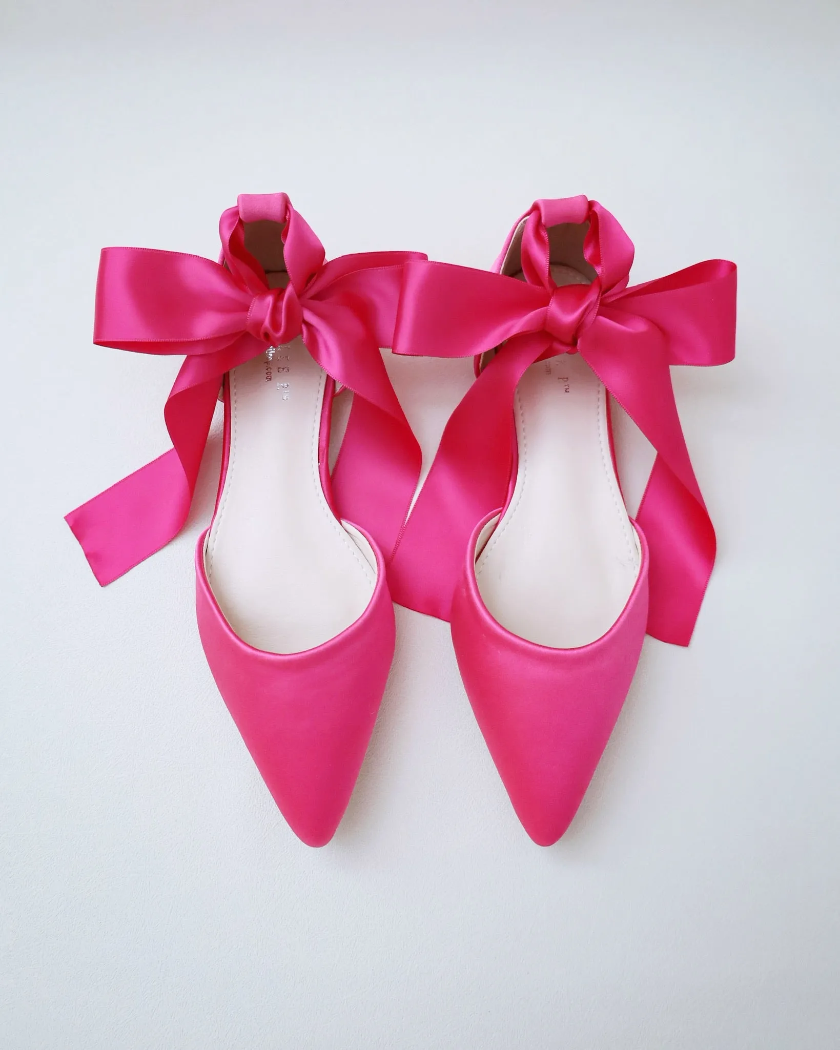 Fuchsia Satin Pointy Toe Flats with Satin Ankle Tie or Ballerina Lace Up