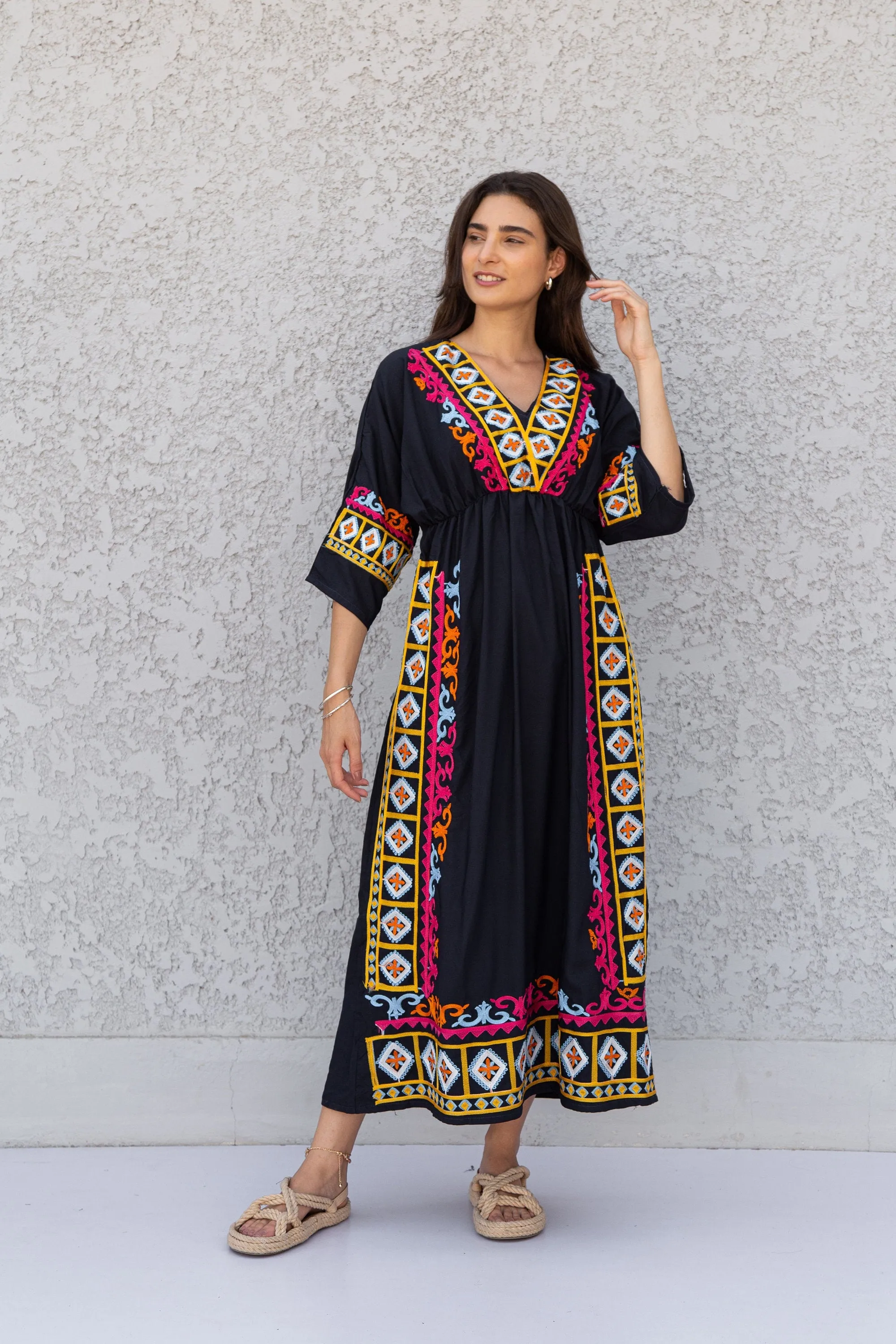 Eccentric black cotton caftan, Short embroidered Cotton caftan dress, African women clothing, Bohemian maxi dress, Boho caftan, caftans