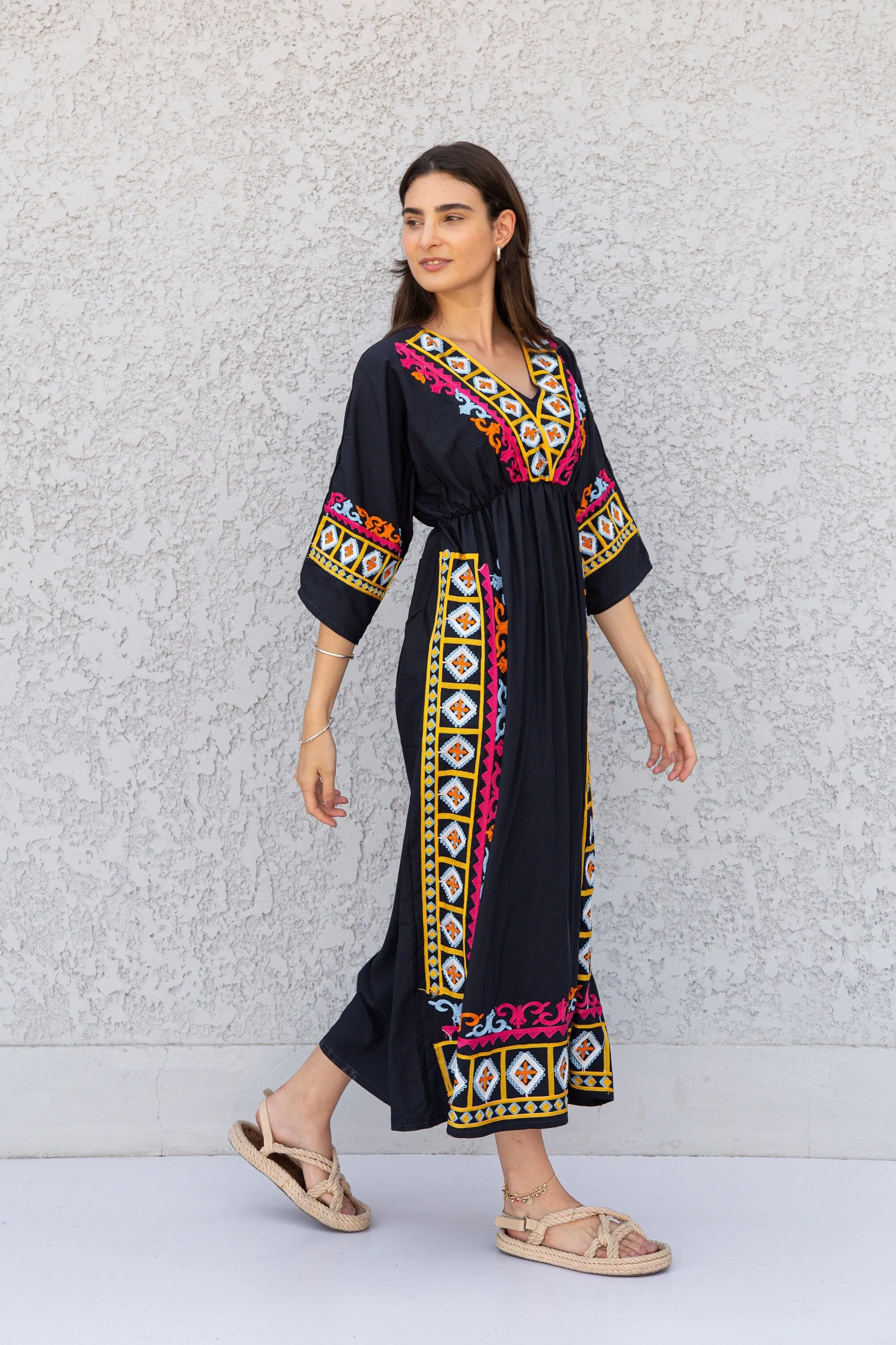 Eccentric black cotton caftan, Short embroidered Cotton caftan dress, African women clothing, Bohemian maxi dress, Boho caftan, caftans