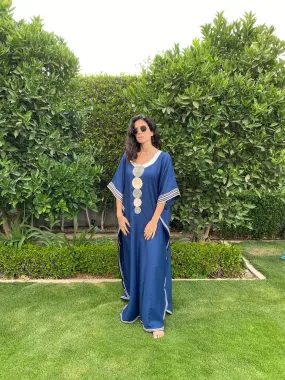 Elegant blue butterfly embroidered Plus size Kaftan with belt, Loose fit Bohemian Caftan, Cotton Kaftan, Exotic Kaftan, Moroccan Caftan