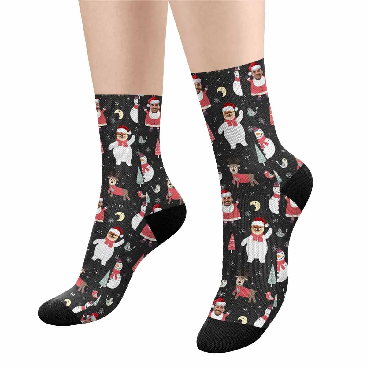 [Made In USA]Custom Christmas Socks Personalized Funny Face Elk Photo Socks Gift for Christmas