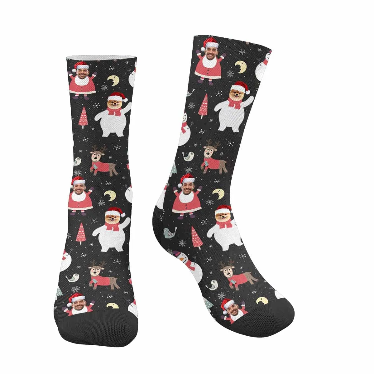 [Made In USA]Custom Christmas Socks Personalized Funny Face Elk Photo Socks Gift for Christmas