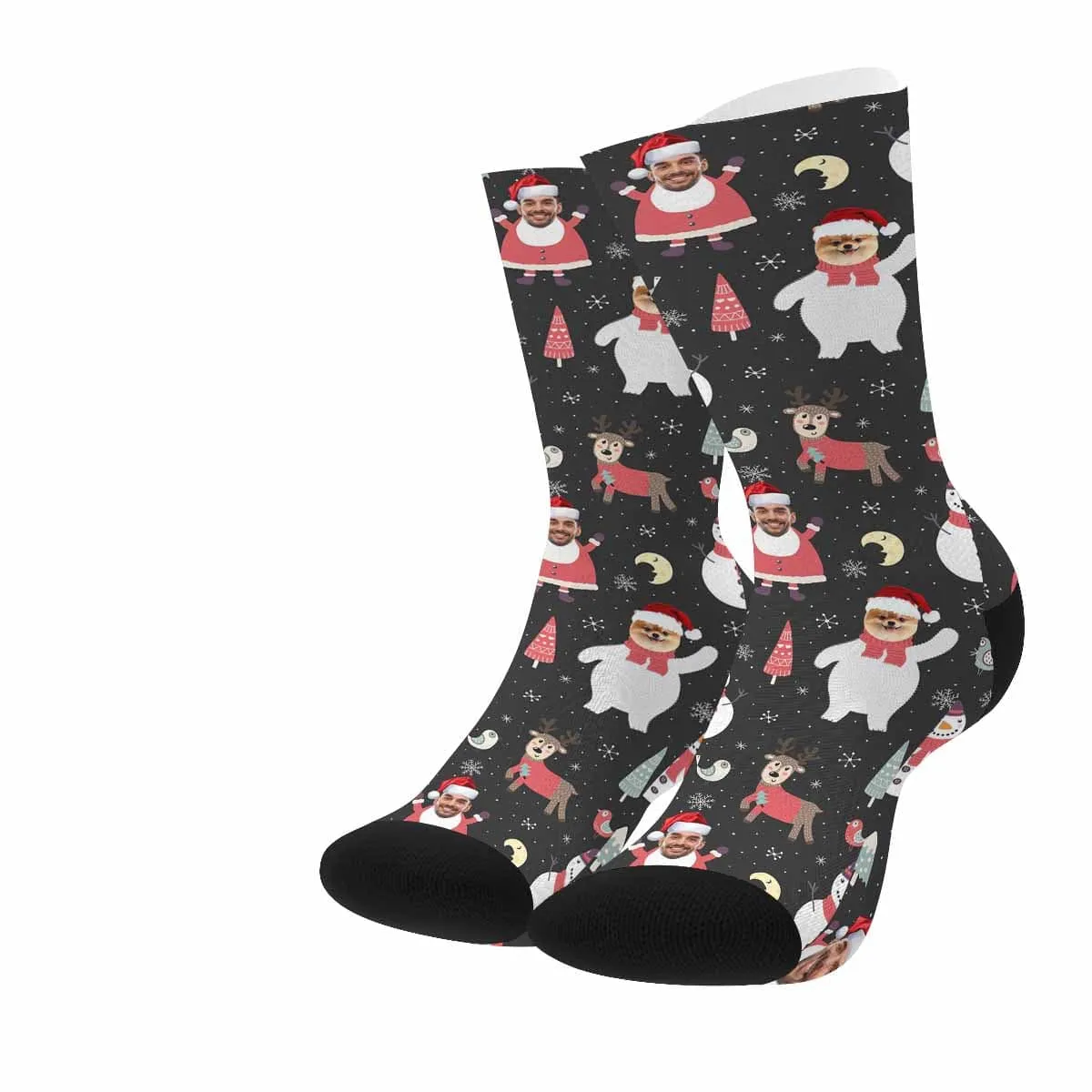 [Made In USA]Custom Christmas Socks Personalized Funny Face Elk Photo Socks Gift for Christmas