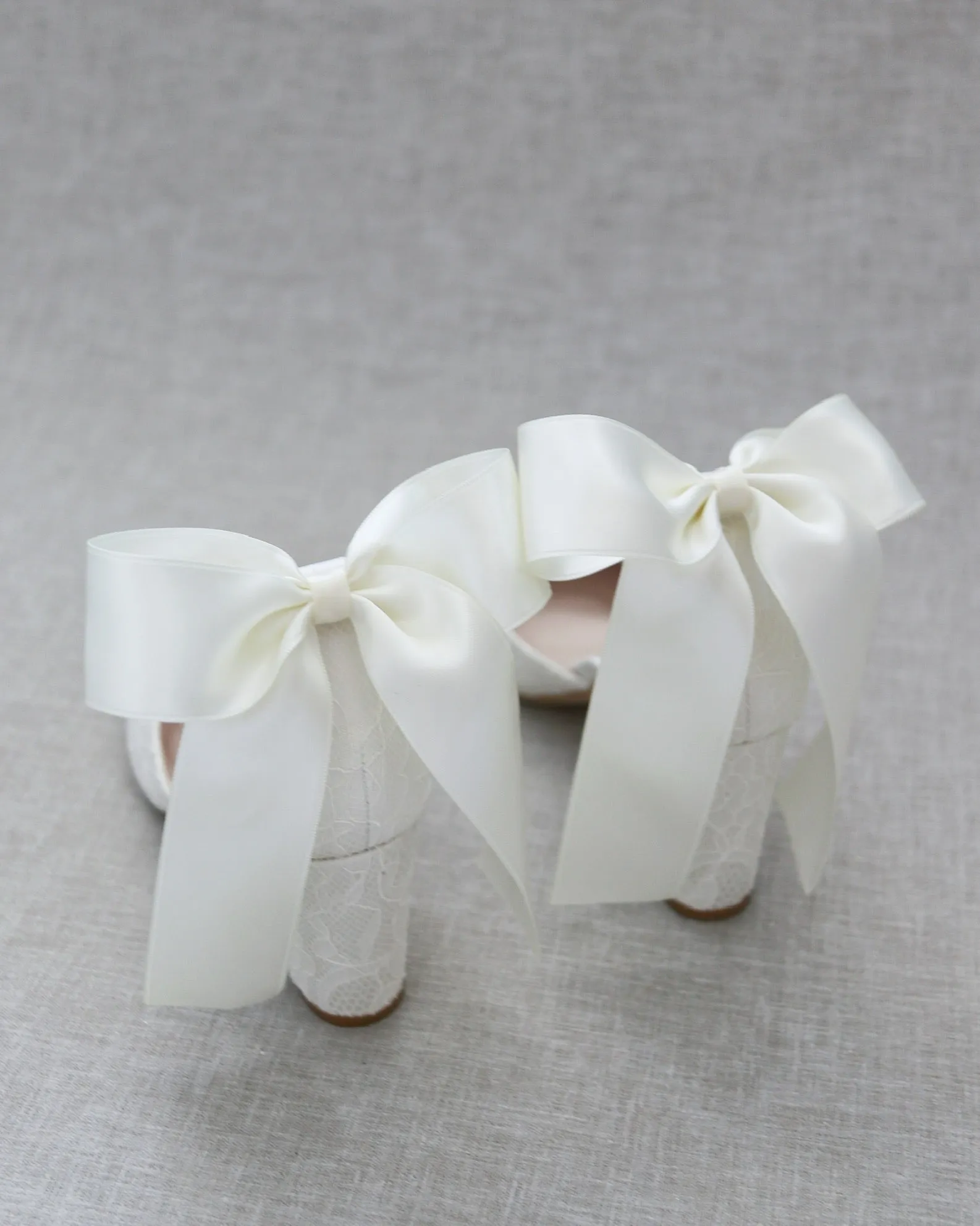 Ivory Lace Block Heel with Satin Back Bow