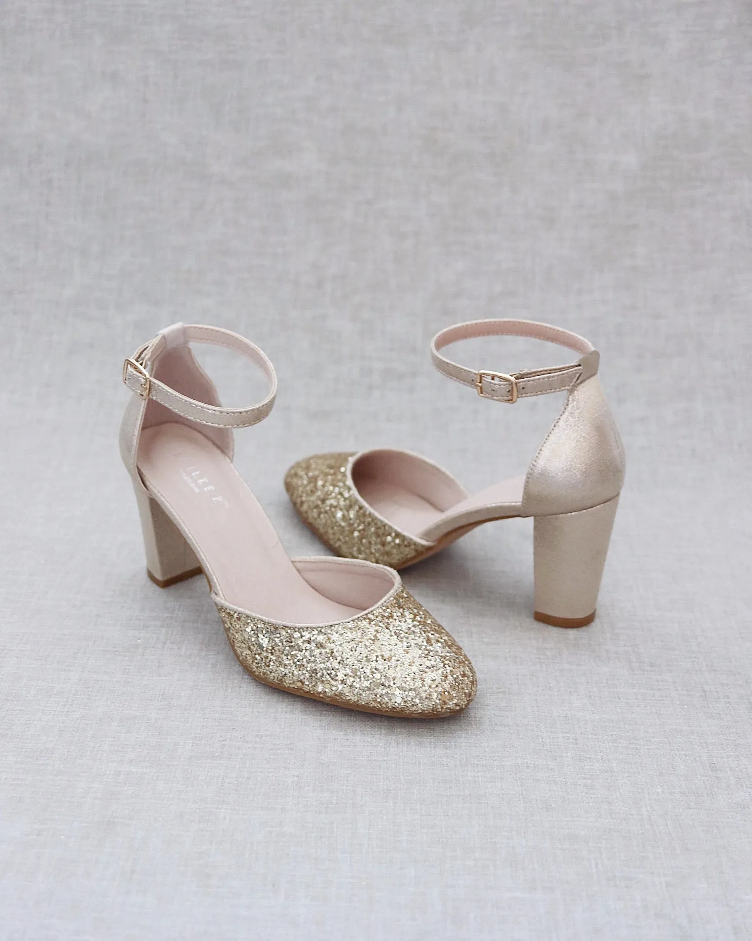 Gold Rock Glitter Block Heel with Ankle Strap