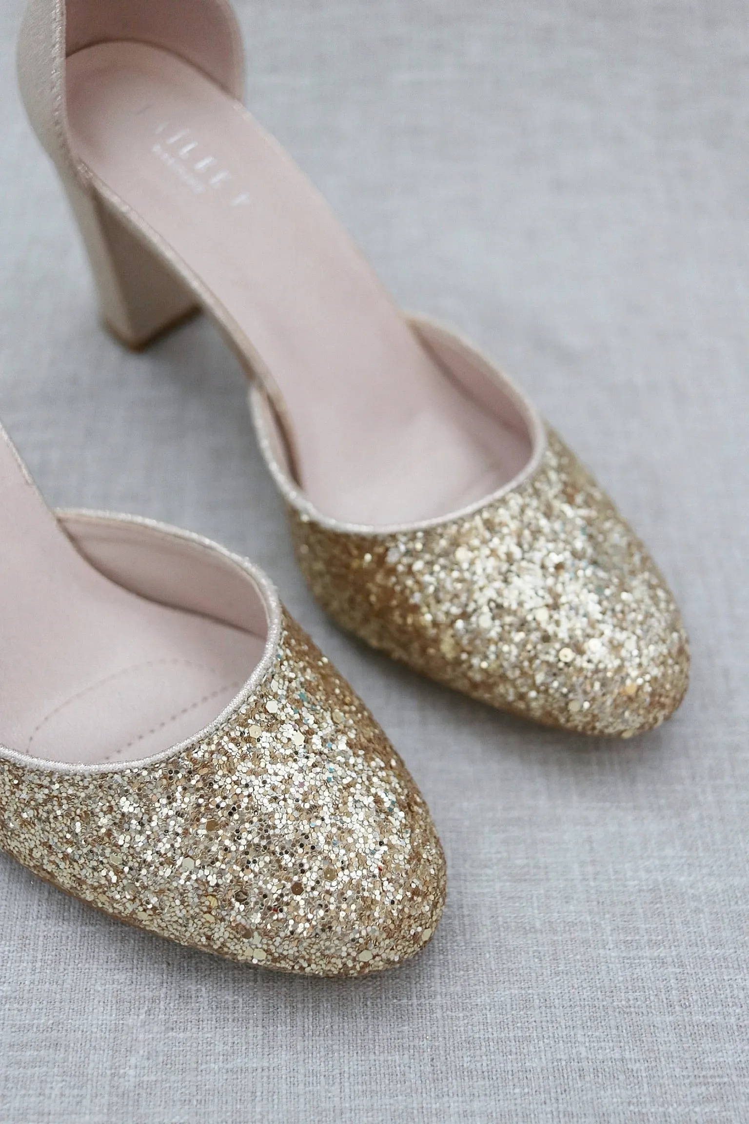 Gold Rock Glitter Block Heel with Ankle Strap