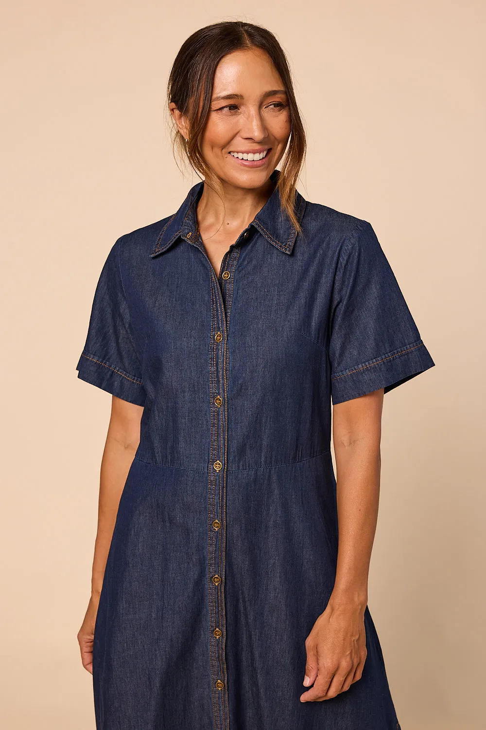 Gracie Chambray Dress in Dark Wash