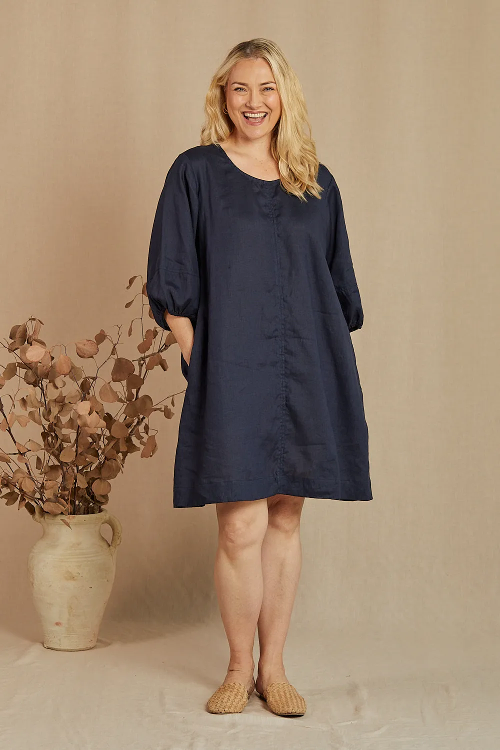 Hazel Short Linen Shift Dress in Navy