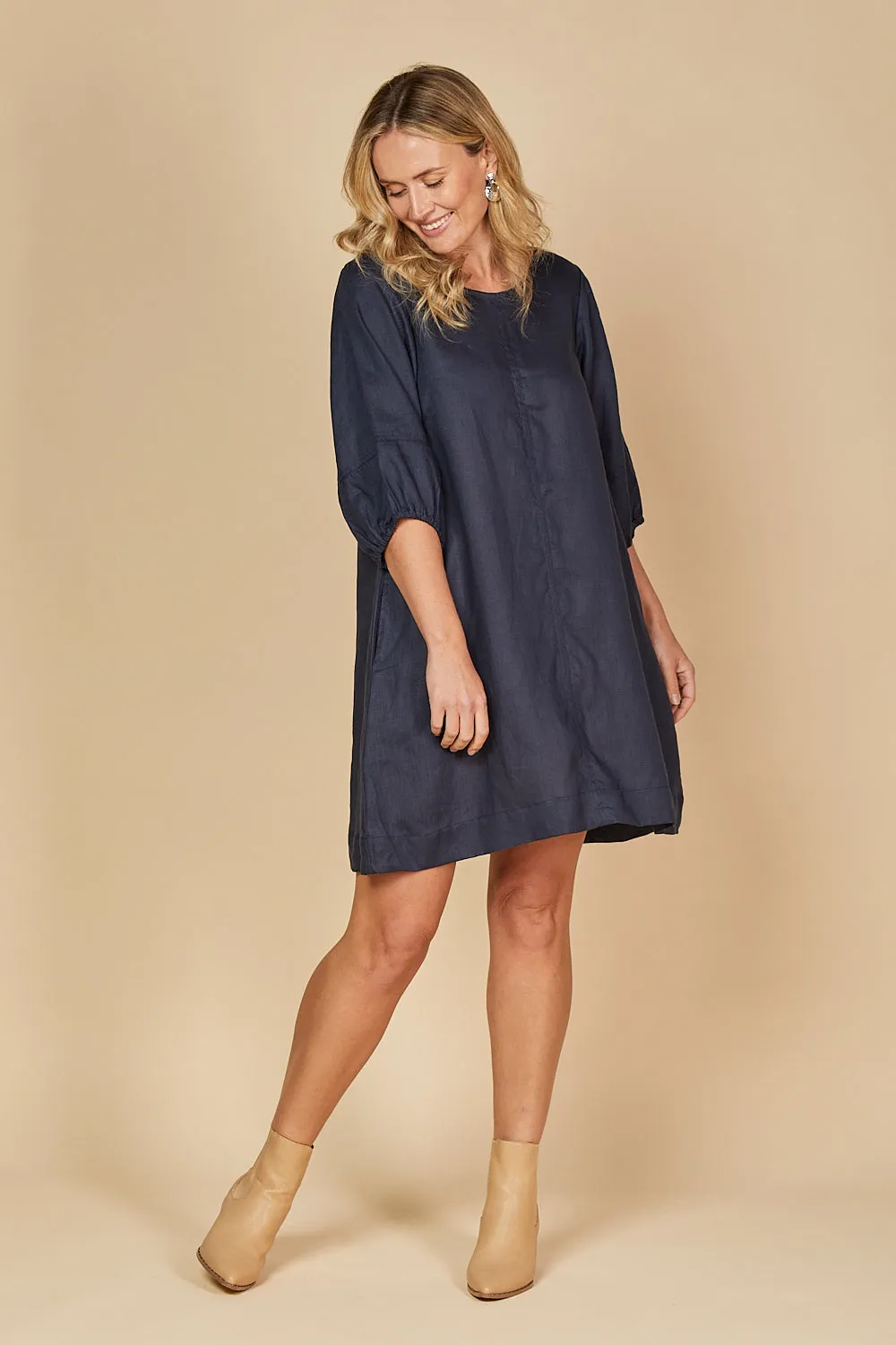 Hazel Short Linen Shift Dress in Navy