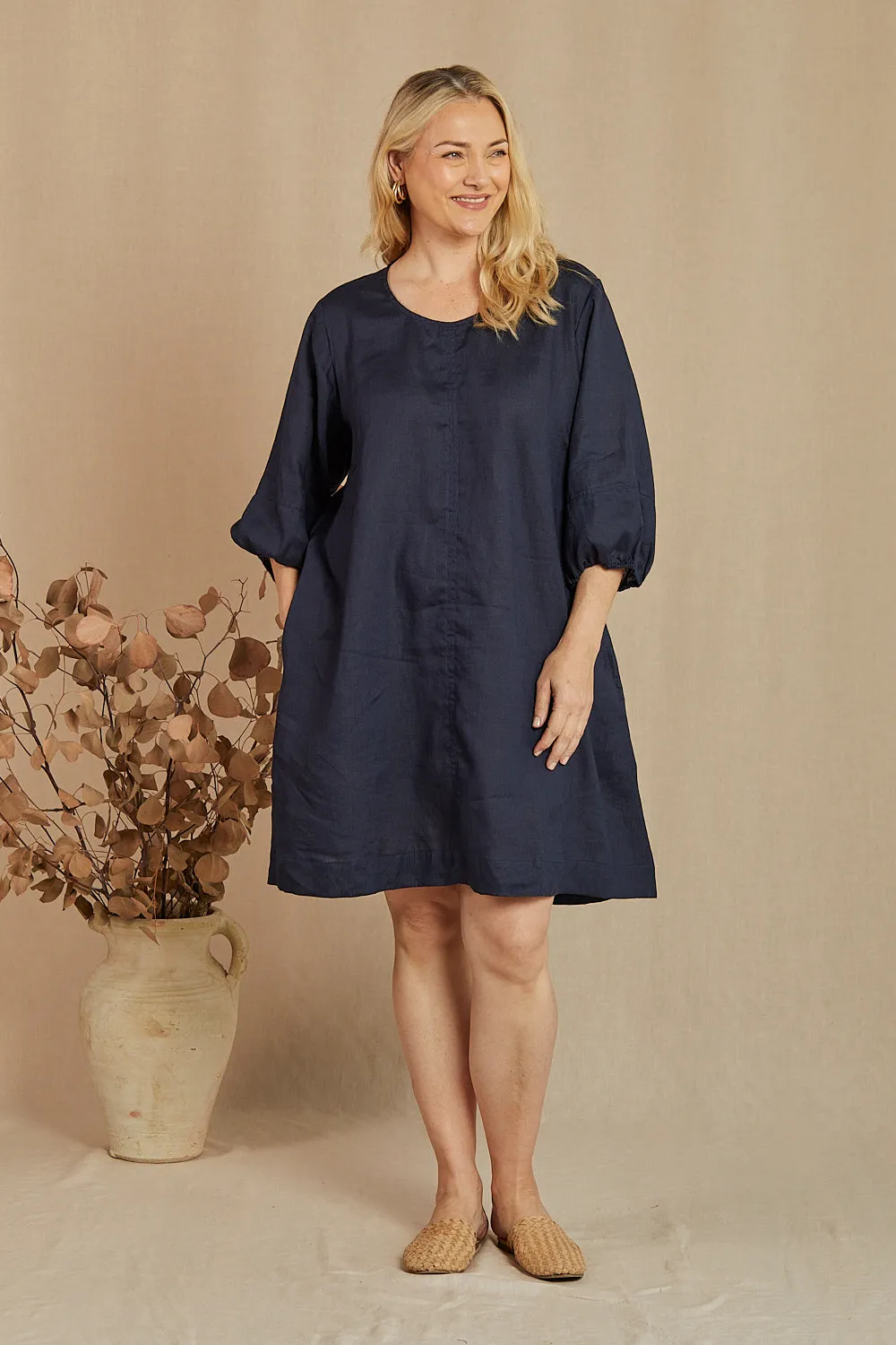 Hazel Short Linen Shift Dress in Navy