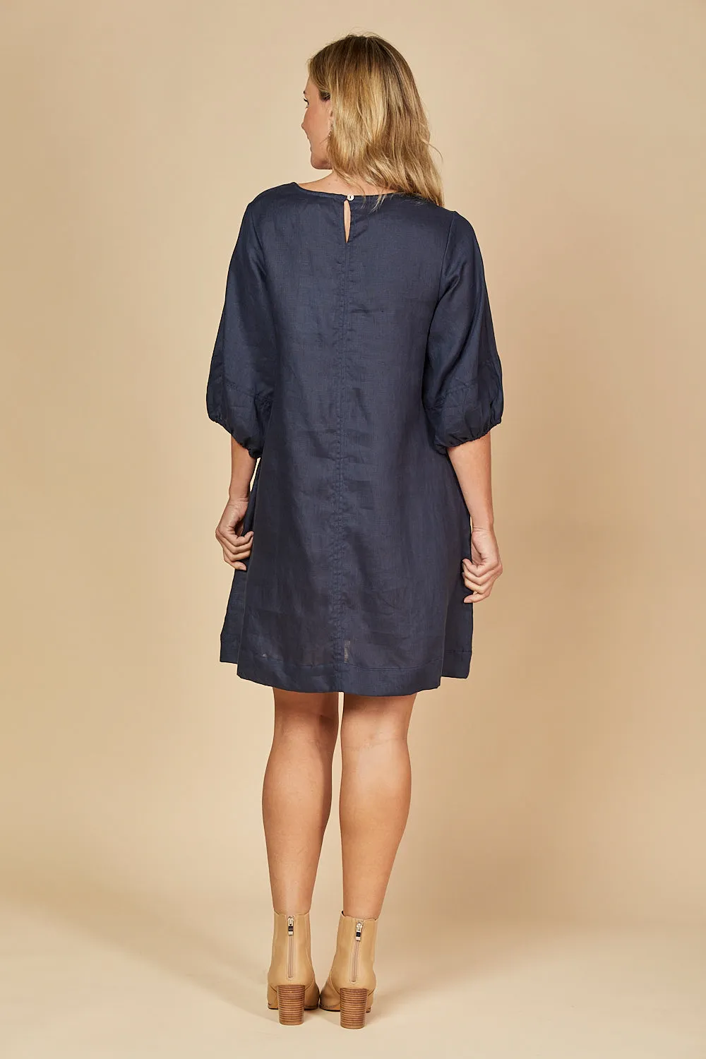 Hazel Short Linen Shift Dress in Navy