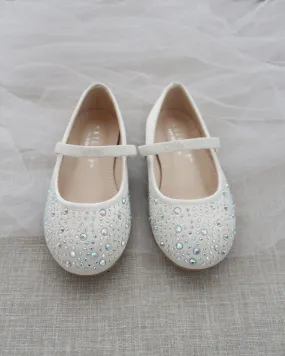 Ivory Satin Mary Jane Flats with Rhinestones Embellishment