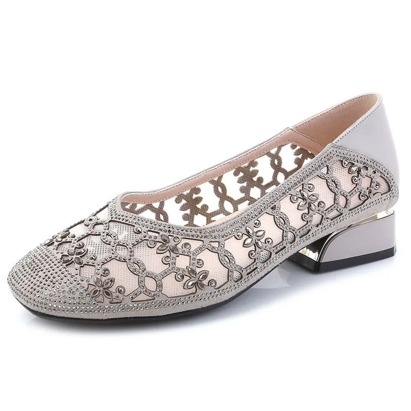 DN323 Women's Crystal Cut-outs Low Heels Casual Shoes - Pumps