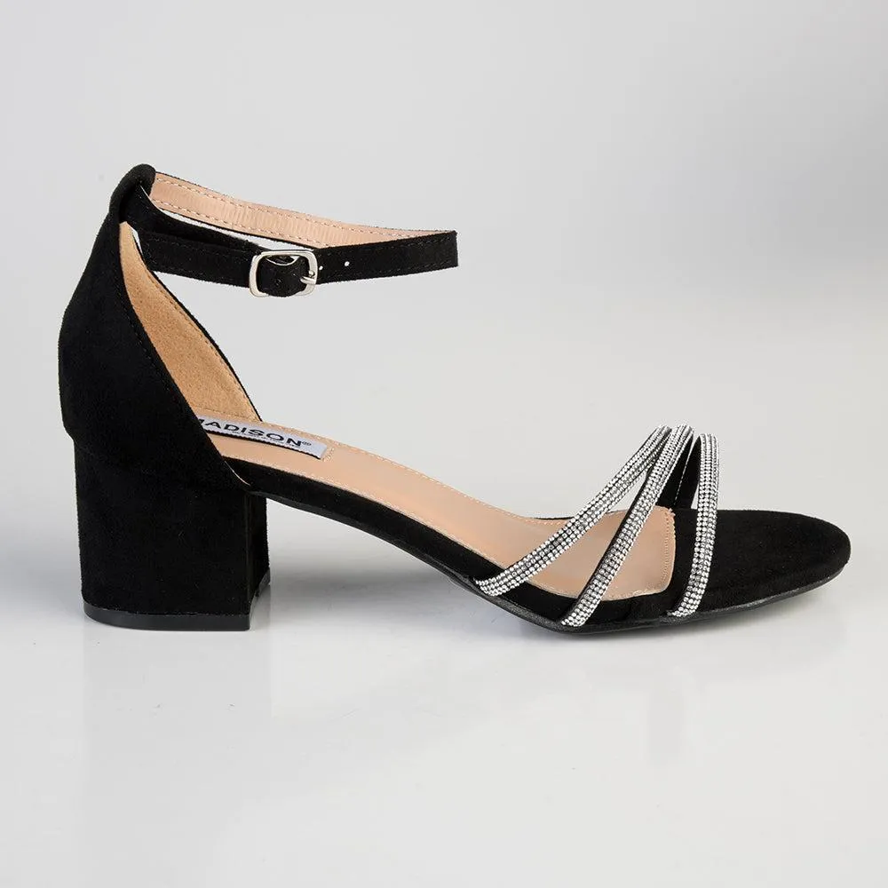 Madison Alice 3 Diamond Strap Block Heel - Black