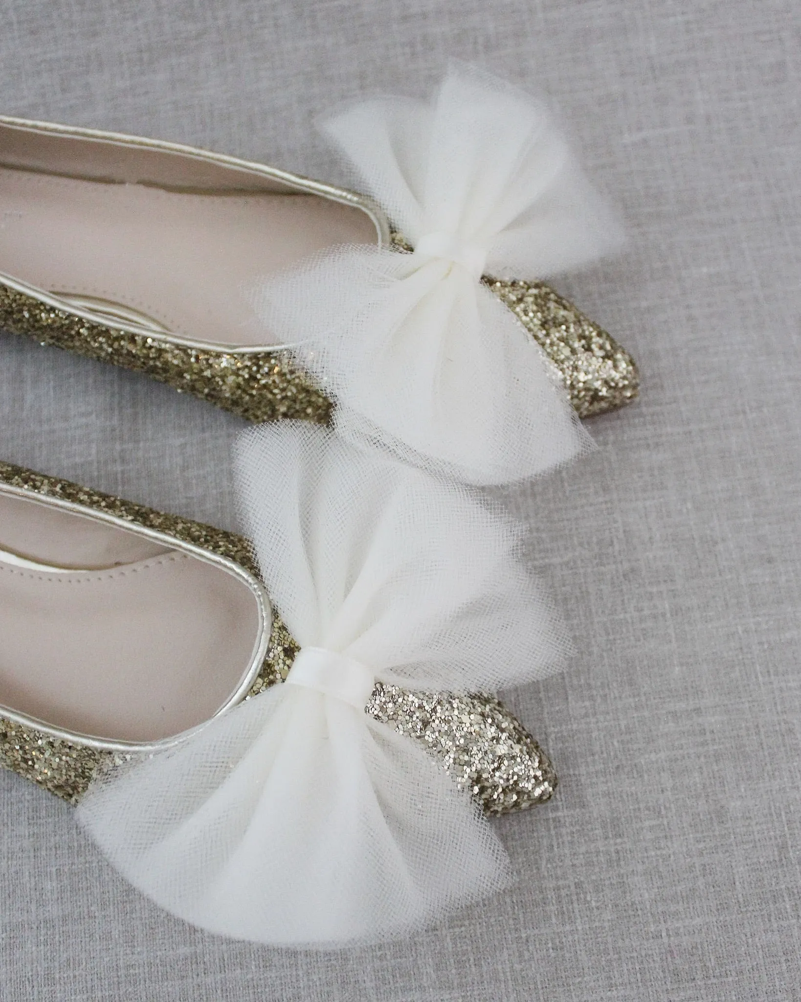 Gold Evening Pointy Toe Glitter Flats with Oversized Tulle Bow