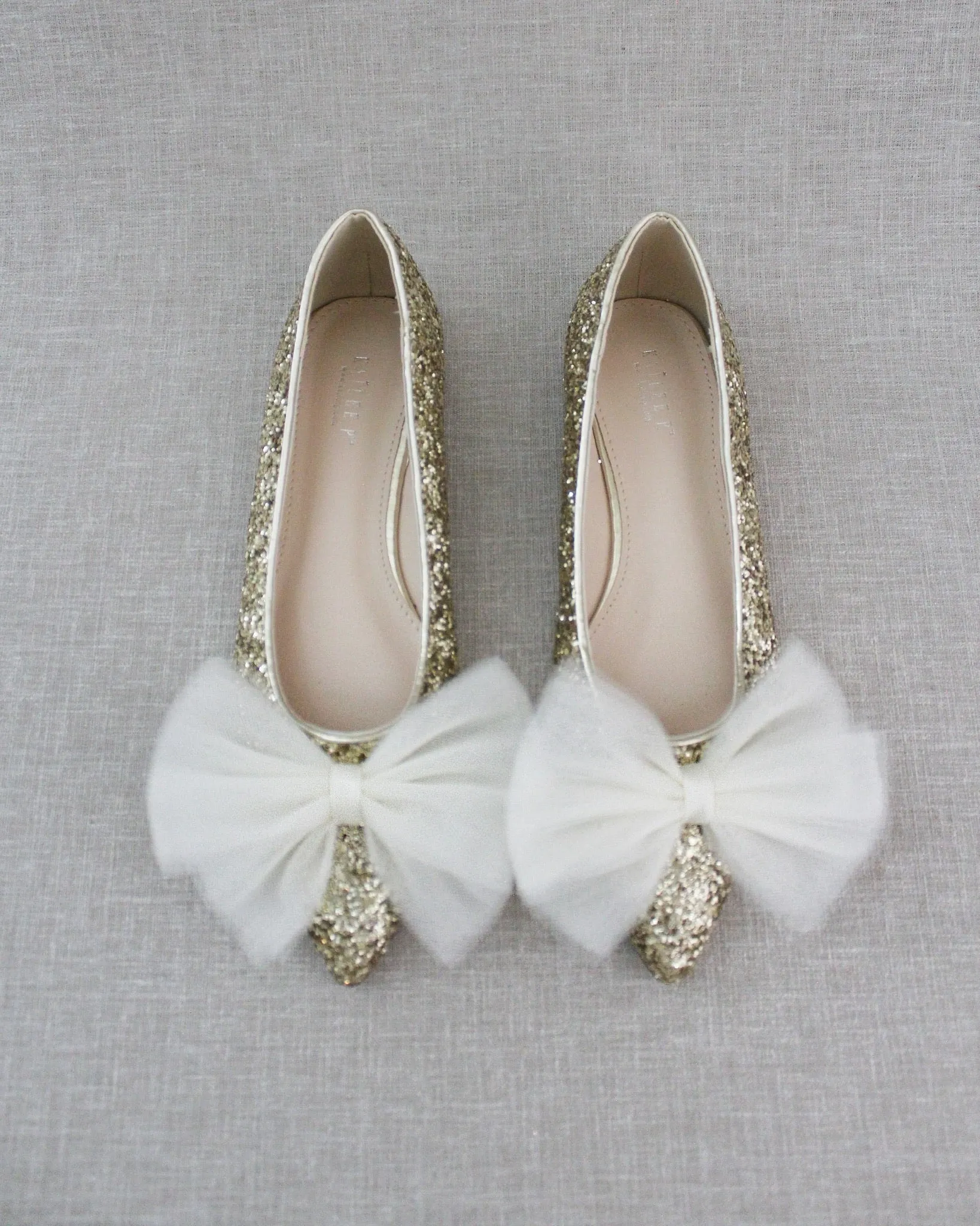 Gold Evening Pointy Toe Glitter Flats with Oversized Tulle Bow