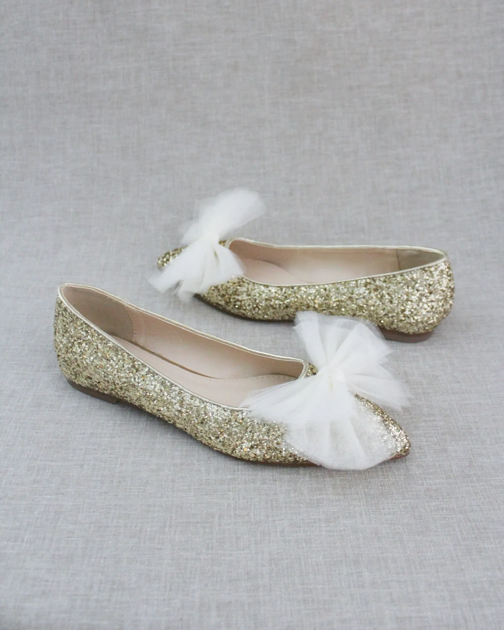 Gold Evening Pointy Toe Glitter Flats with Oversized Tulle Bow