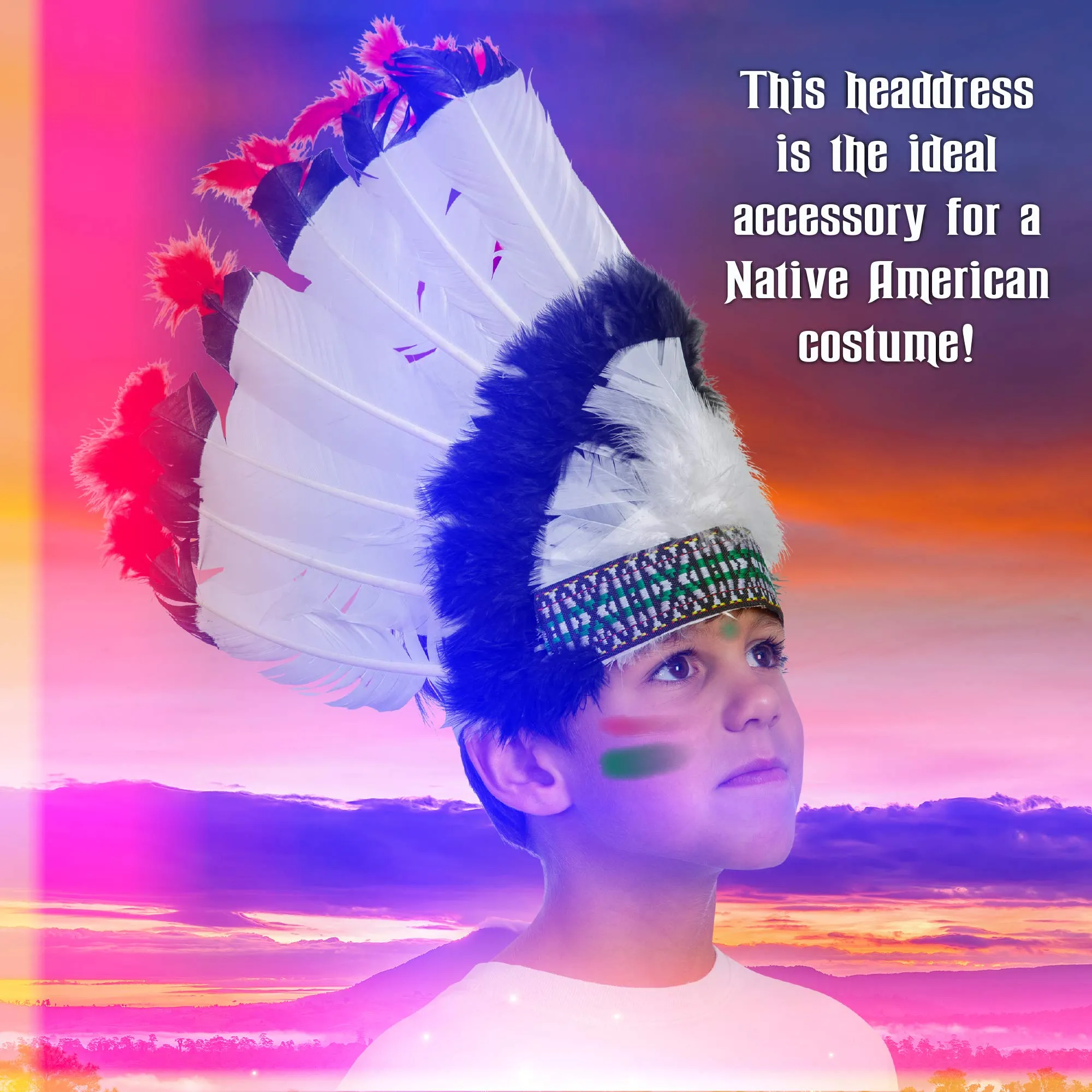 Native American Chief Headdress - Indian Costume Feather Head Dress Headpiece Headband Accessories for Adults and Kids