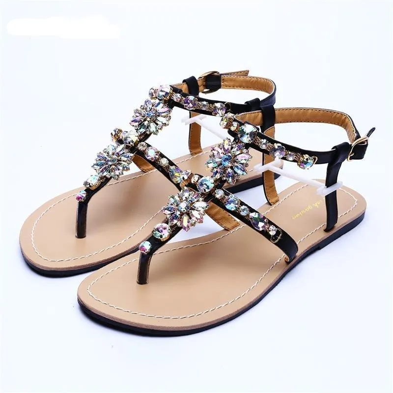 Rhinestones T-Strap Flat Sandals