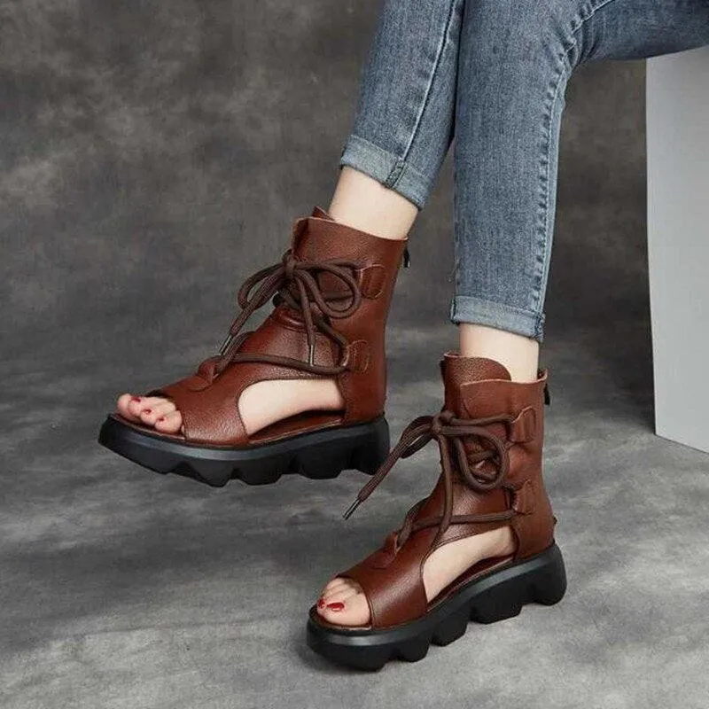 Zipper Leather Wedge Sandals