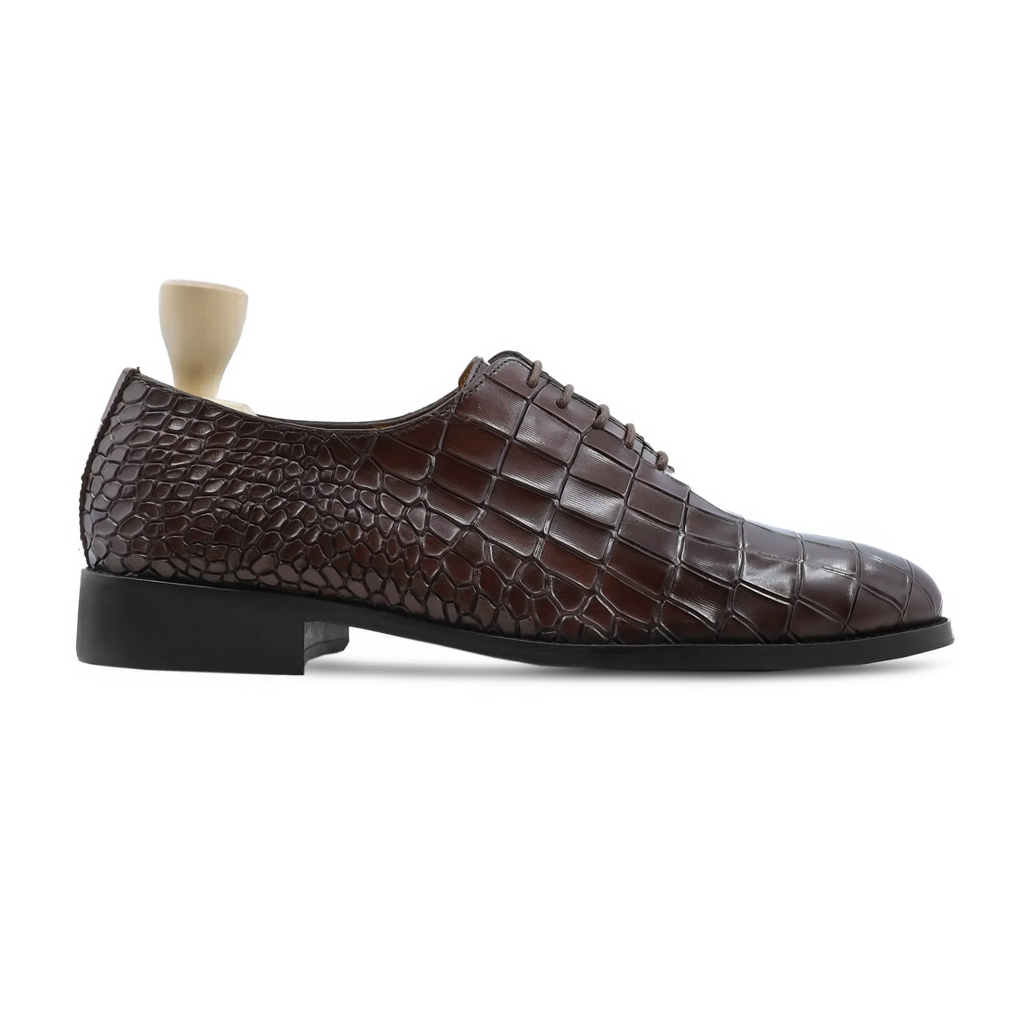 Sawt - Men's Dark Brown Printed Crocodile Calf Leather Wholecut Shoe