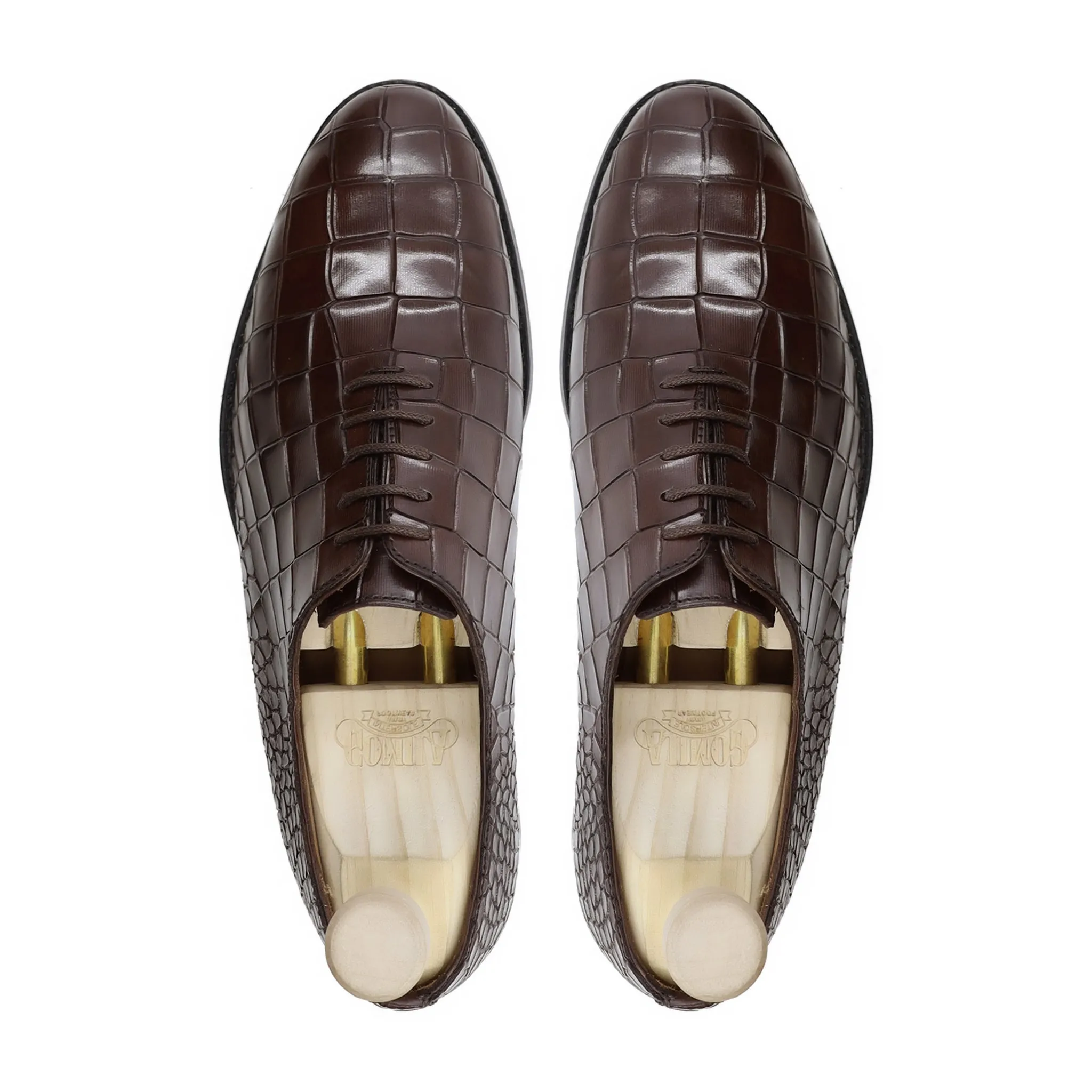 Sawt - Men's Dark Brown Printed Crocodile Calf Leather Wholecut Shoe