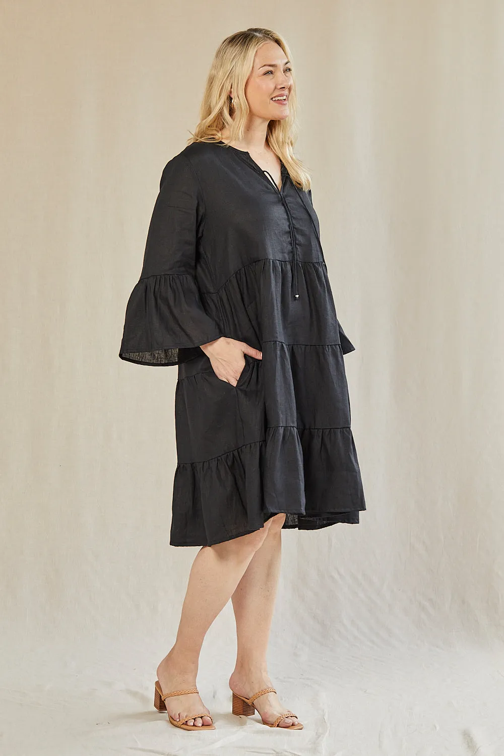 Scout Tiered Linen Dress in Black