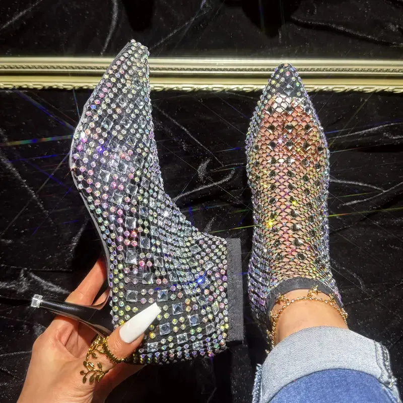 Sexy Silver Rhinestone Black Mesh Kitten Heel Ankle Booties