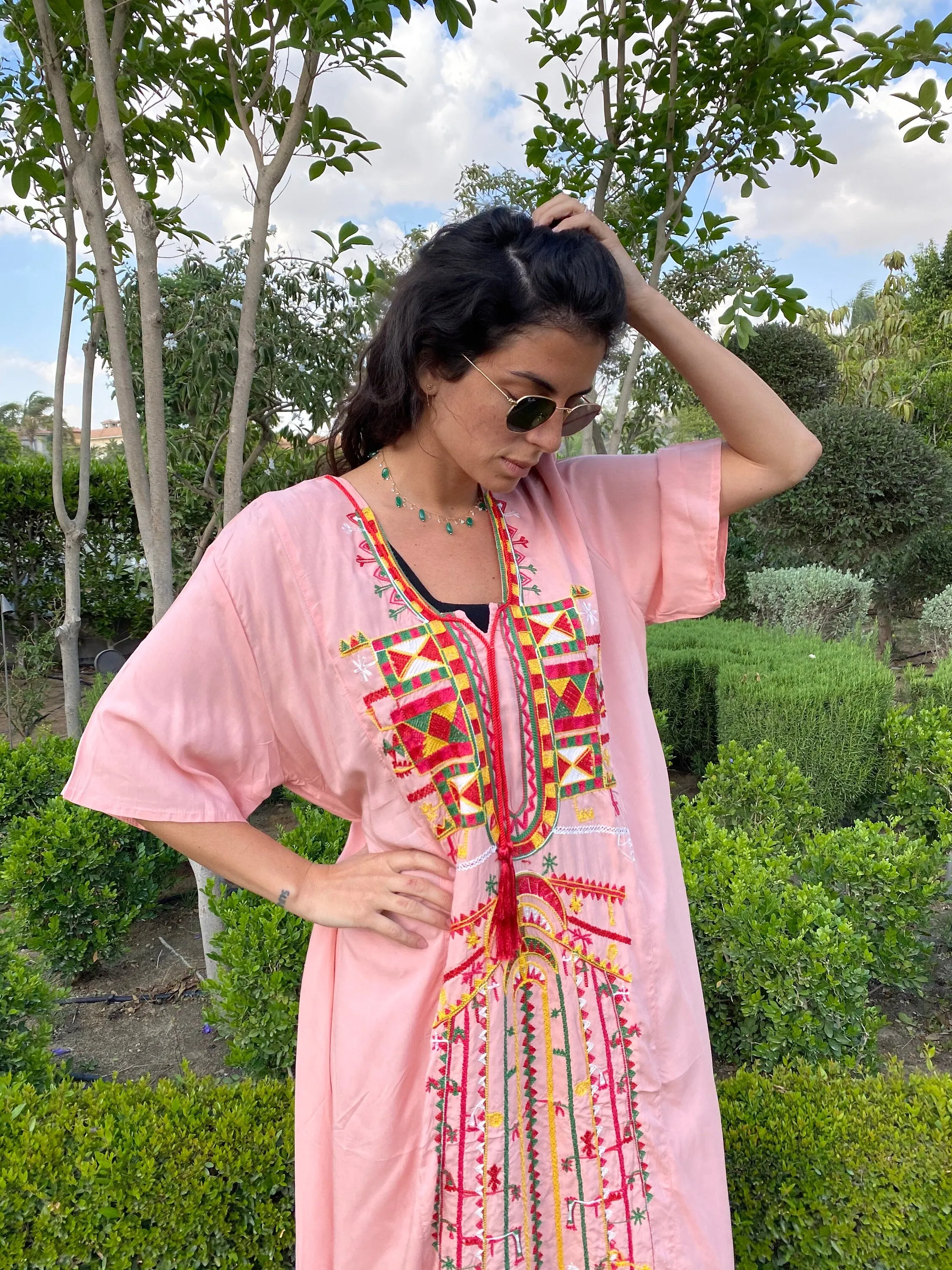 Siwa Pink Multicolor embroidered Kaftan dress, Cotton Kaftan, caftans for women, Summer Kaftan, Embroidered kaftan, caftans, Egyptian