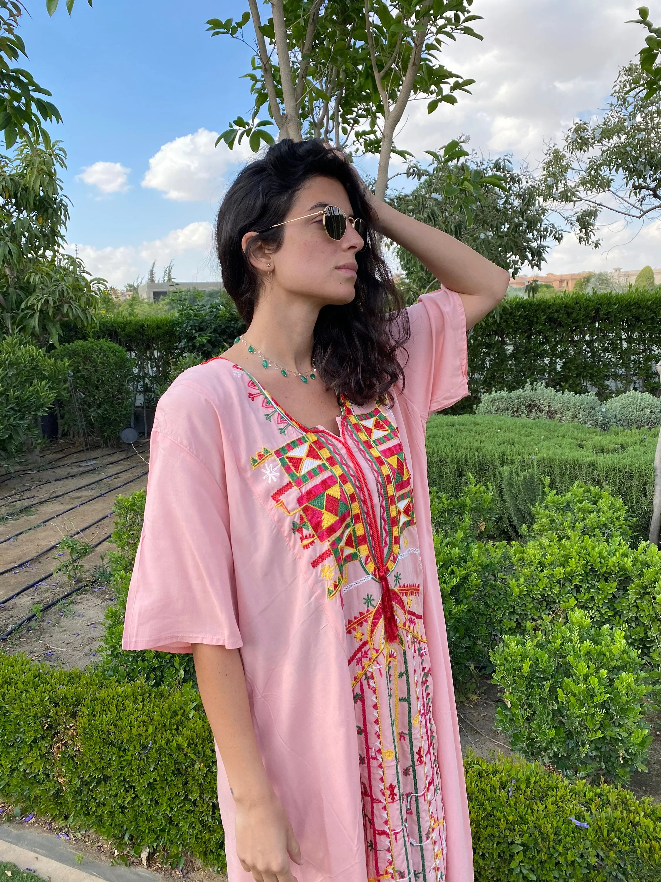 Siwa Pink Multicolor embroidered Kaftan dress, Cotton Kaftan, caftans for women, Summer Kaftan, Embroidered kaftan, caftans, Egyptian