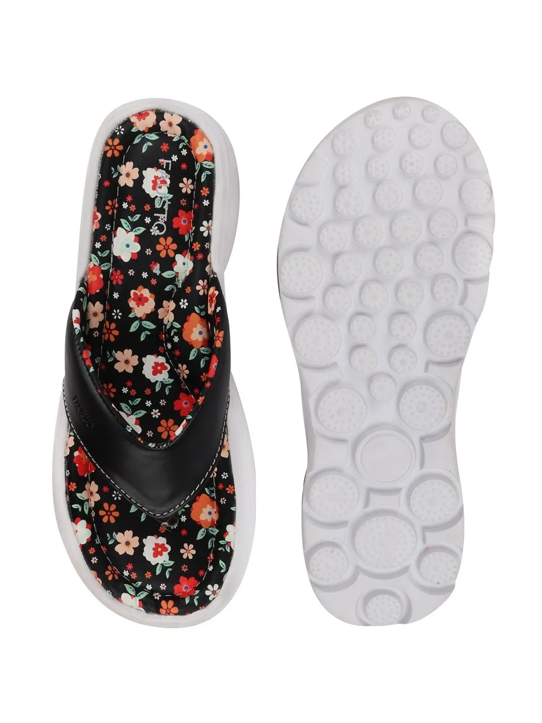 Women Black Floral Slippers & Flip Flops