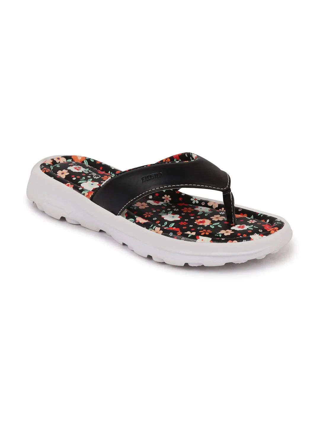 Women Black Floral Slippers & Flip Flops