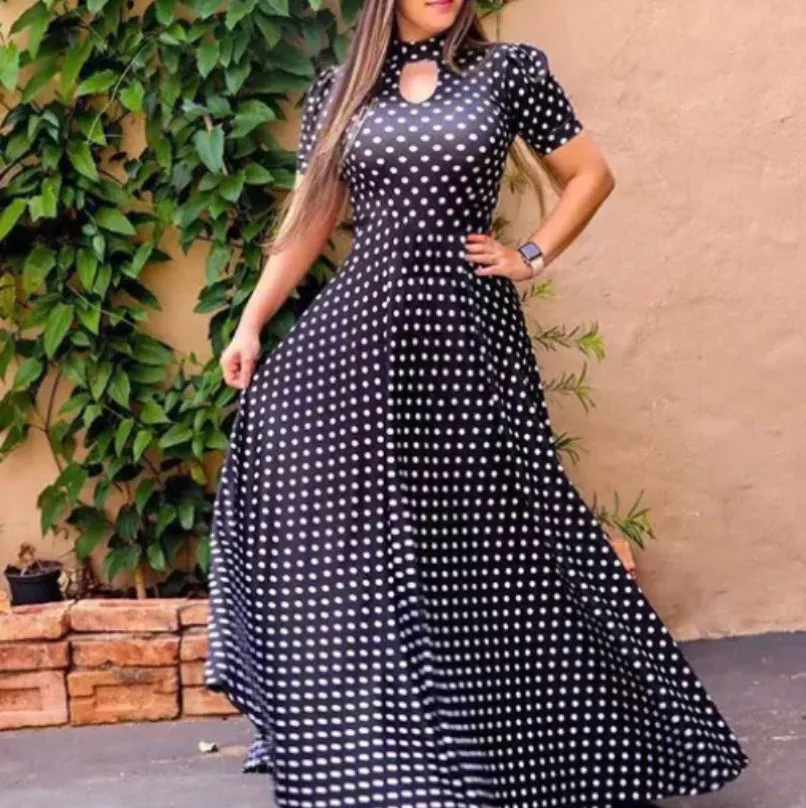 WOMEN LONG FLOWING BOHEMIAN BLACK DRESS WITH WHITE DOTS