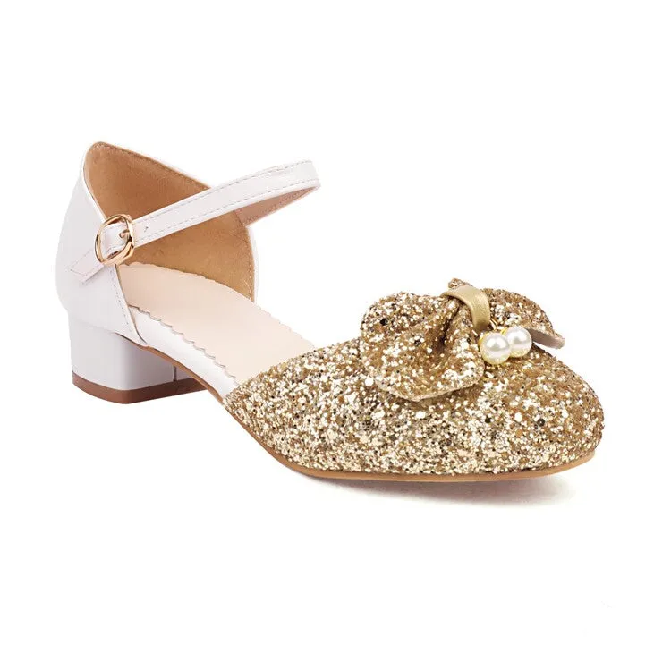 Women's Glittery Sequins Round Toe Bow Tie Block Chunky Heel Sandals